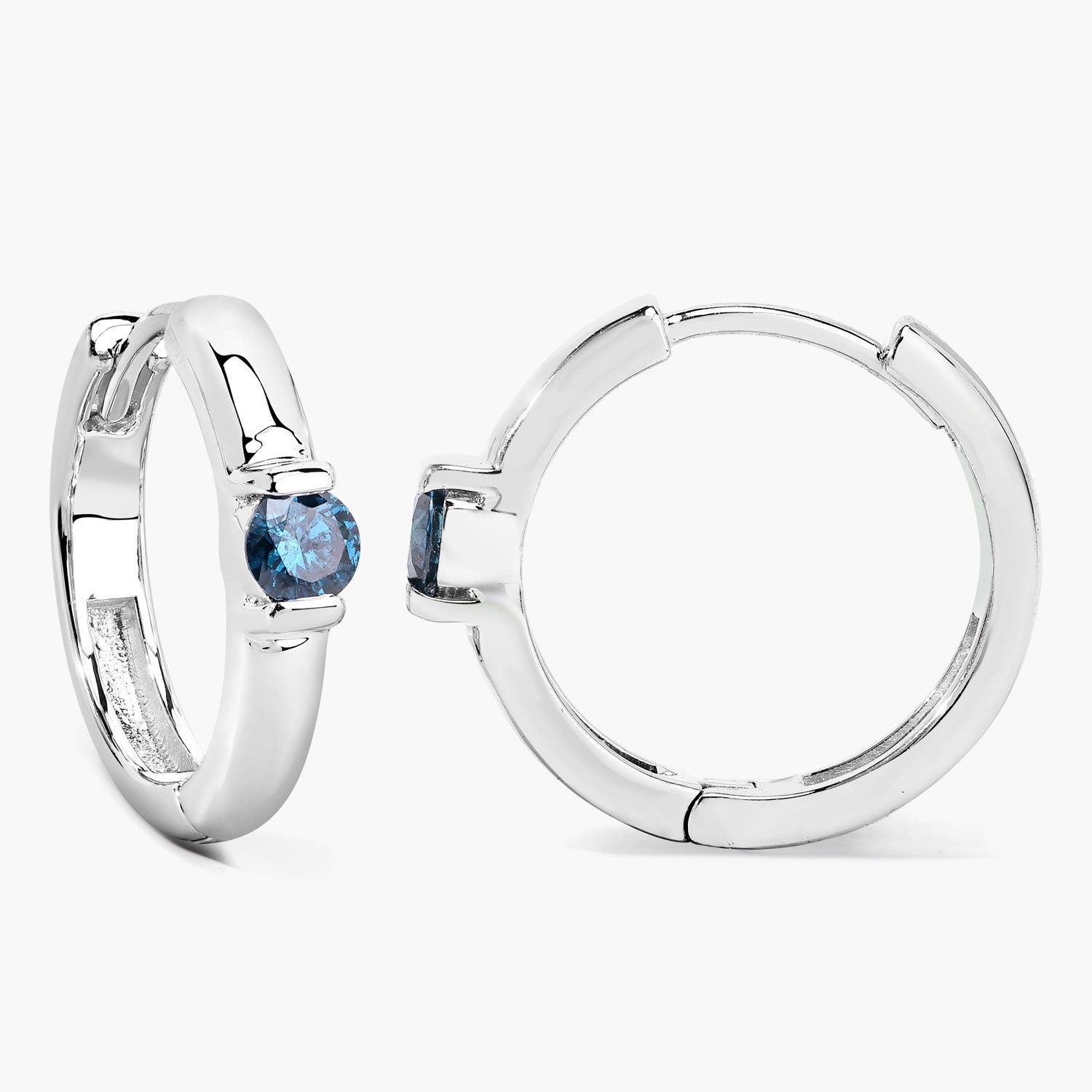0.35 Cttw Round Teal Blue Diamond Channel Rhodium Plated Silver Huggie Hoop Earrings