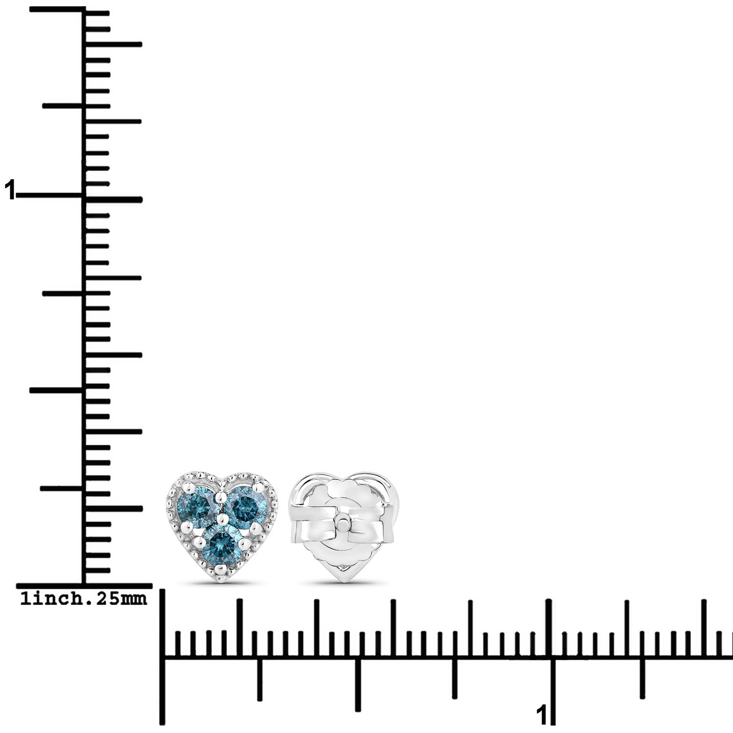 0.50 Cttw Round Teal Blue Diamond Rhodium Plated Silver Heart Stud Earrings
