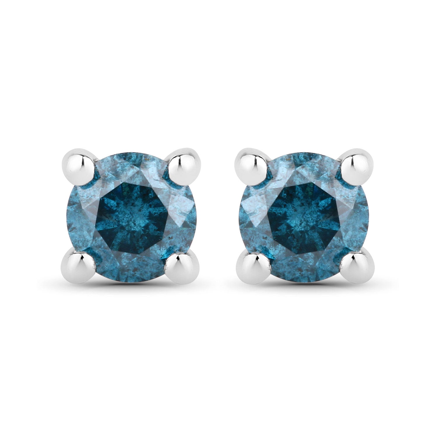 0.25 Cttw Round Teal Blue Diamond Rhodium Plated Silver Solitaire Stud Earrings