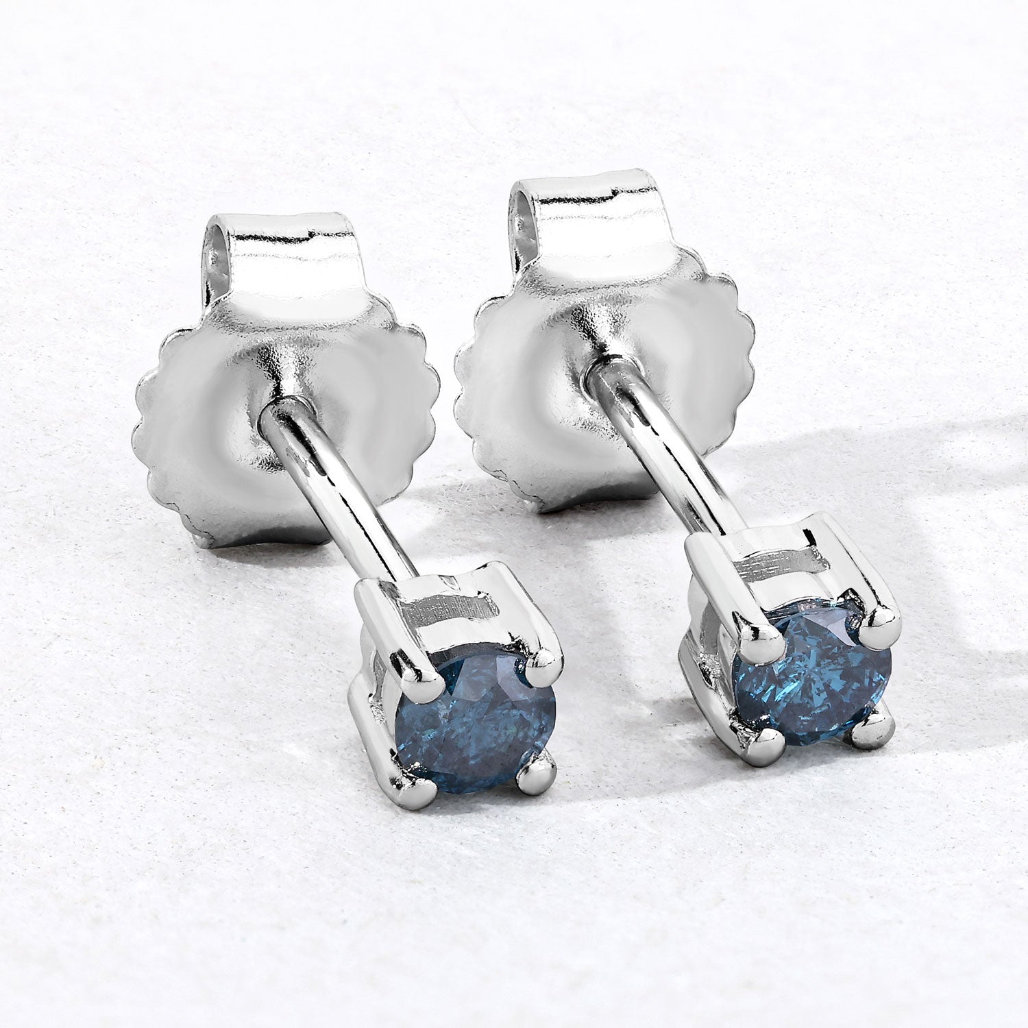 0.25 Cttw Round Teal Blue Diamond Rhodium Plated Silver Solitaire Stud Earrings