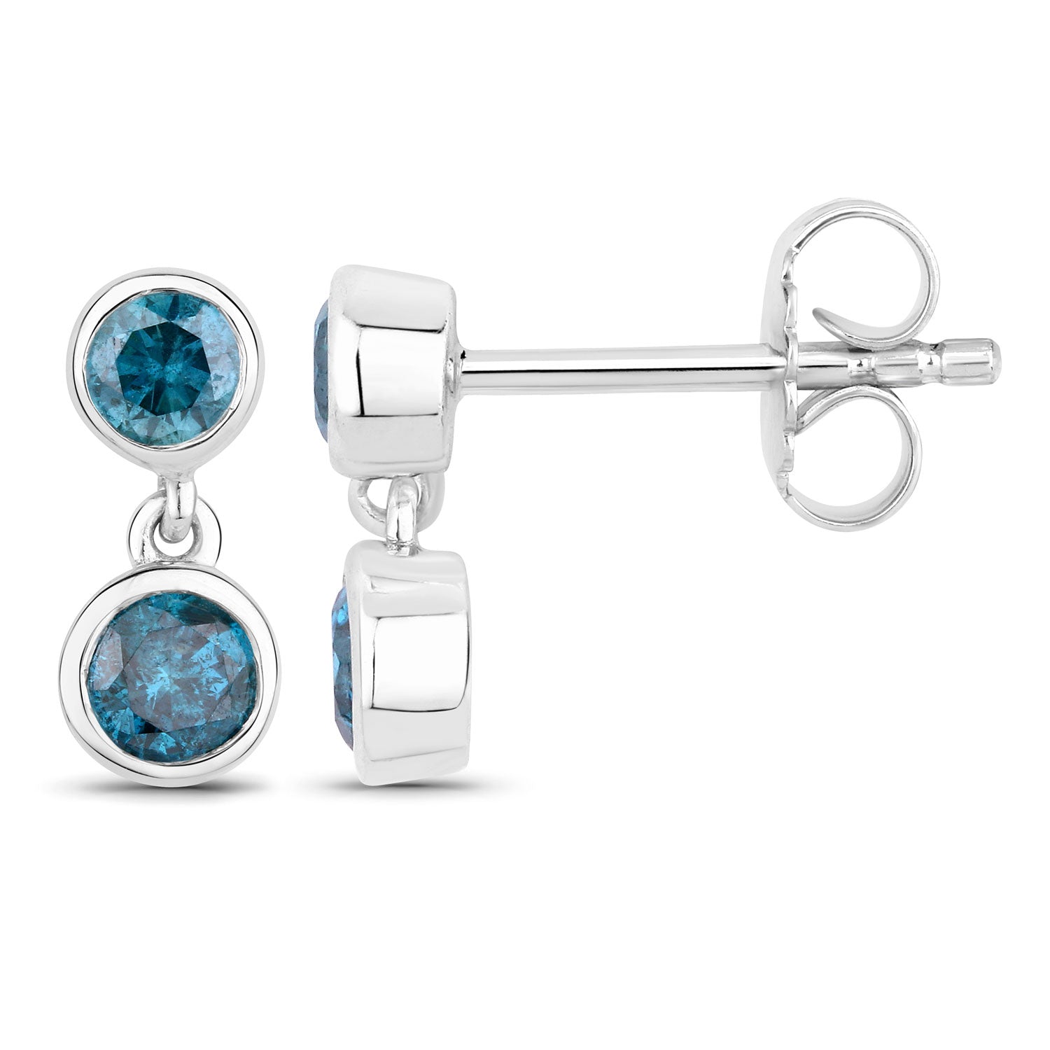 0.76 Cttw Round Teal Blue Diamond Bezel Rhodium Plated Silver Two Stone Dangle Earrings
