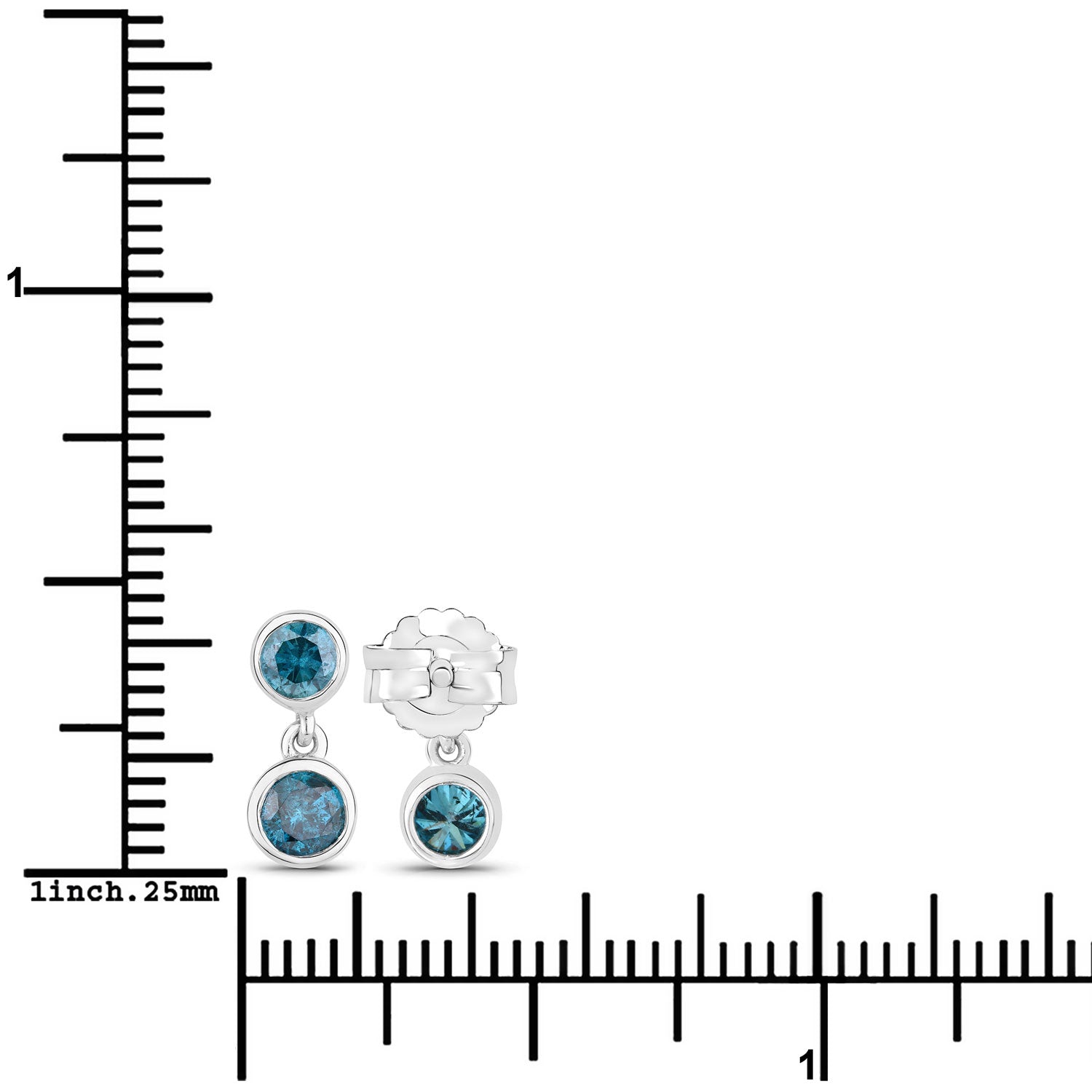0.76 Cttw Round Teal Blue Diamond Bezel Rhodium Plated Silver Two Stone Dangle Earrings