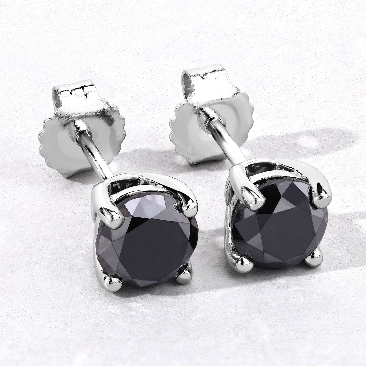 2.97 Cttw Round Black Diamond 925 Sterling Silver Solitaire Stud Earrings