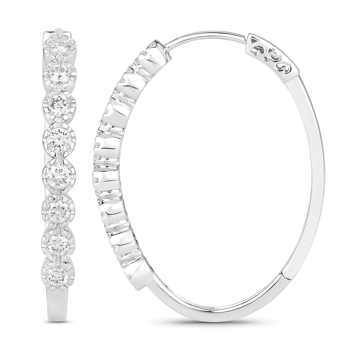 1.76 Ctw Round White Lab Created Diamond Bezel Sterling Silver Oval Hoop Earrings