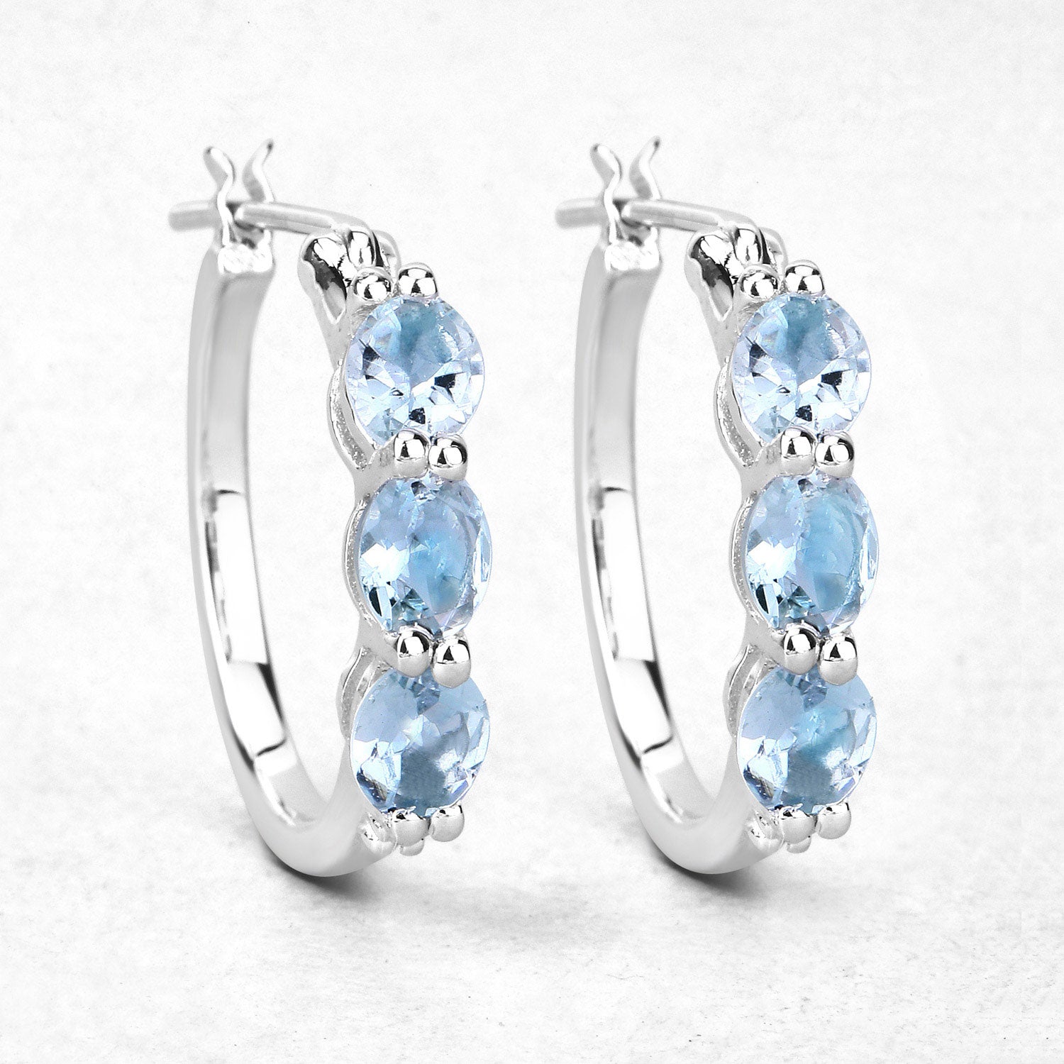 Genuine Blue Aquamarine and Diamond Hoop Earrings