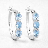 Genuine Blue Aquamarine and Diamond Hoops Earrings