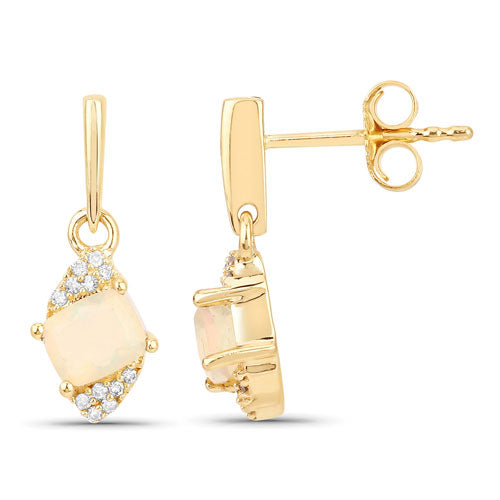 Genuine 14k Gold Opal Diamond Dangle Earrings