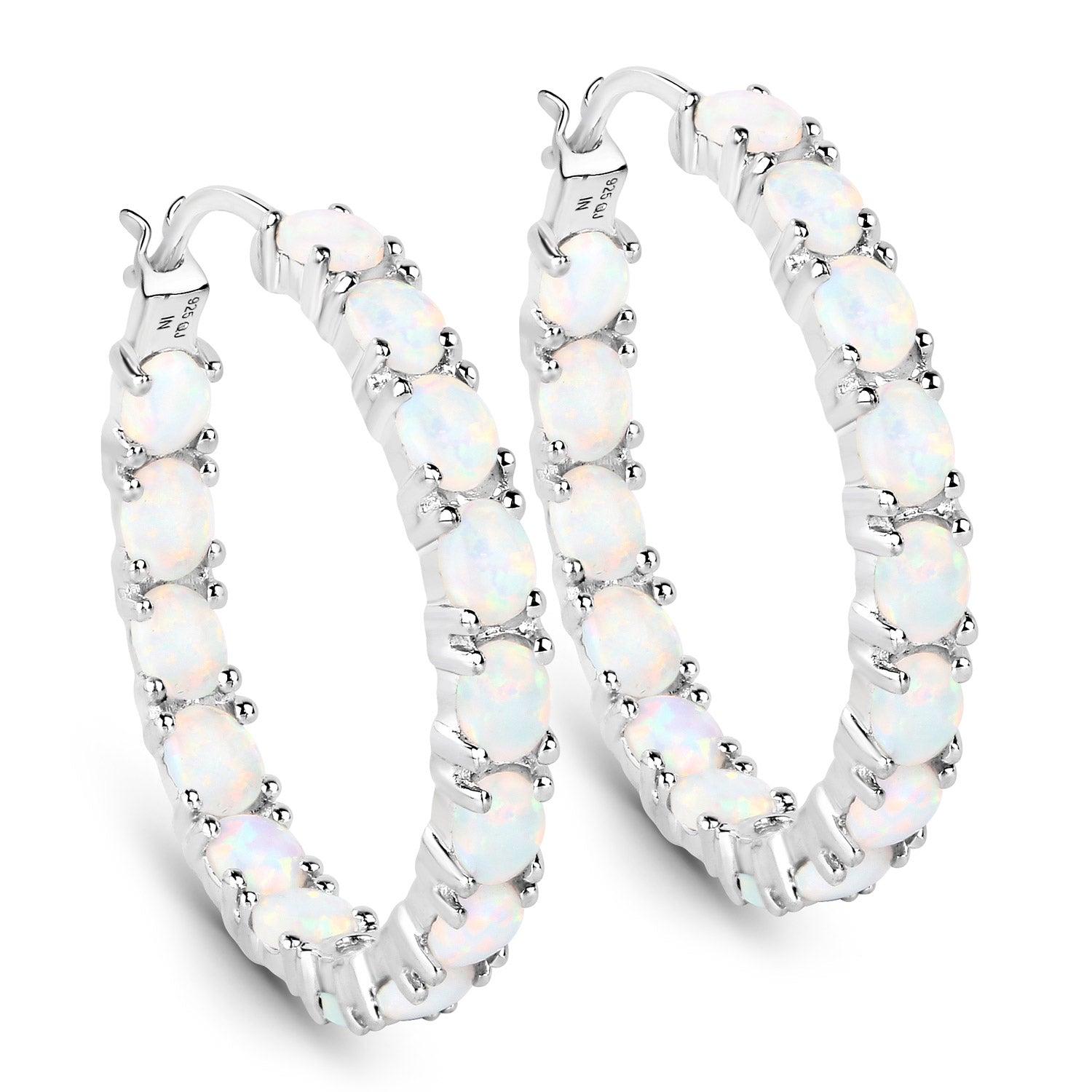Genuine Sterling Silver Opal Tennis Hoops Earrings
