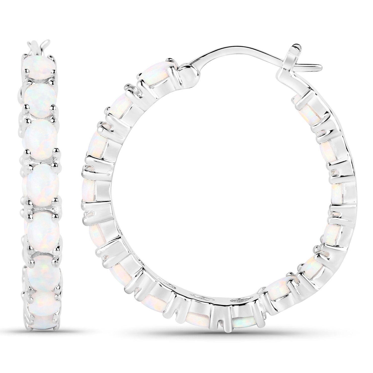 Genuine Sterling Silver Opal Tennis Hoops Earrings