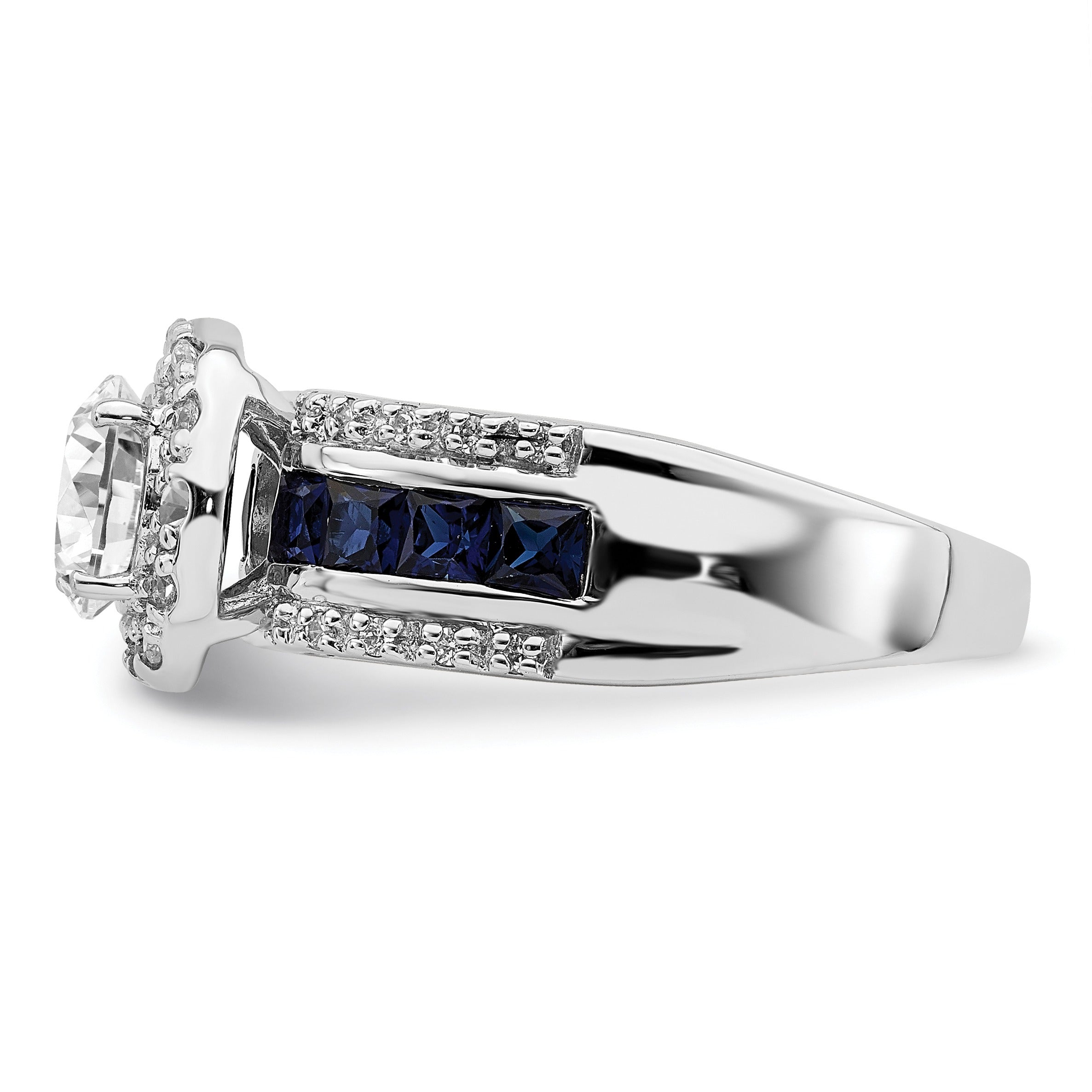 3.29 Ct Princess Blue Lab Created Sapphire & CZ Prong Sterling Silver Rhodium Plated Halo Ring