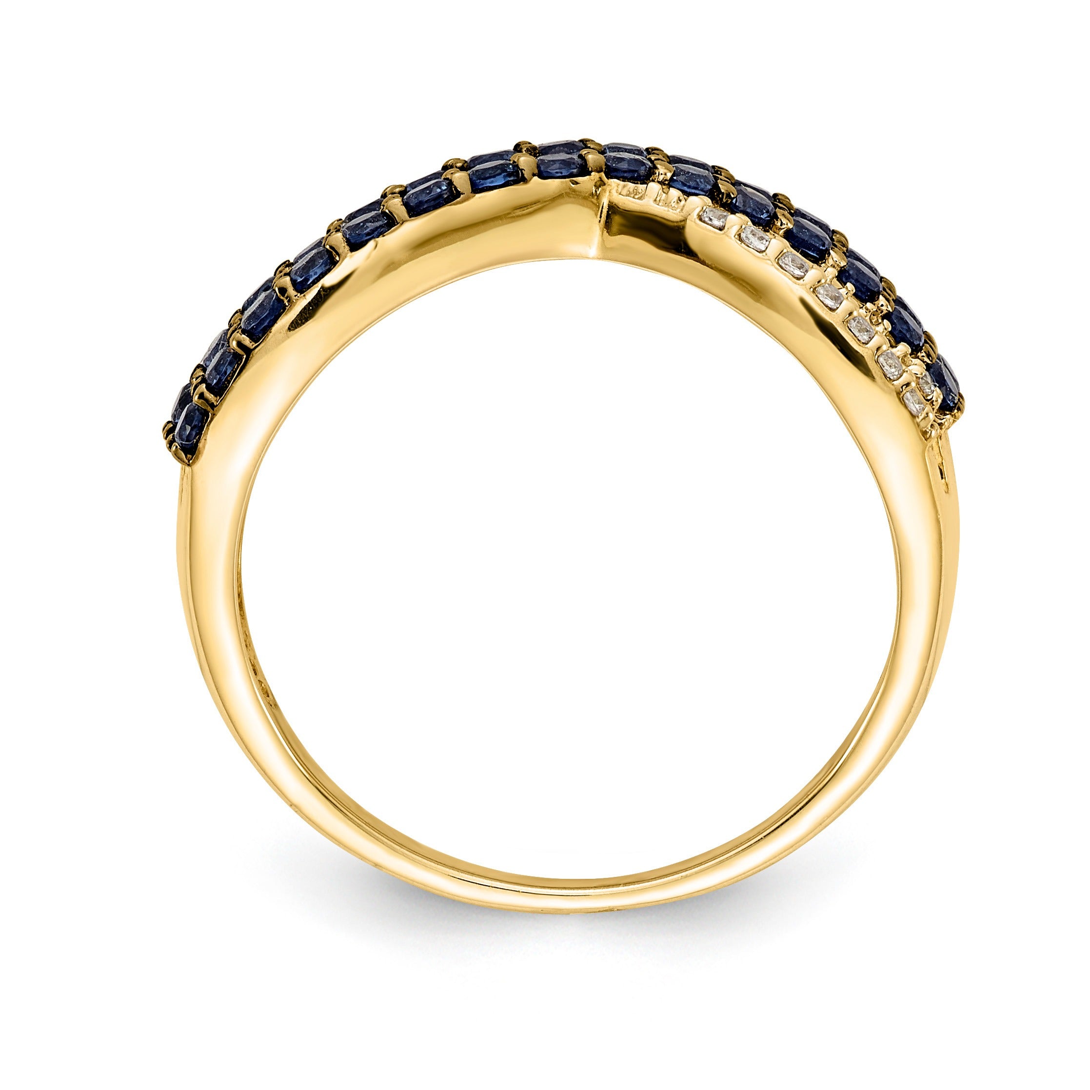 1.19 Ct Round Blue Sapphire & Diamond Pavé 14K Gold 4-Row Criss Cross Ring