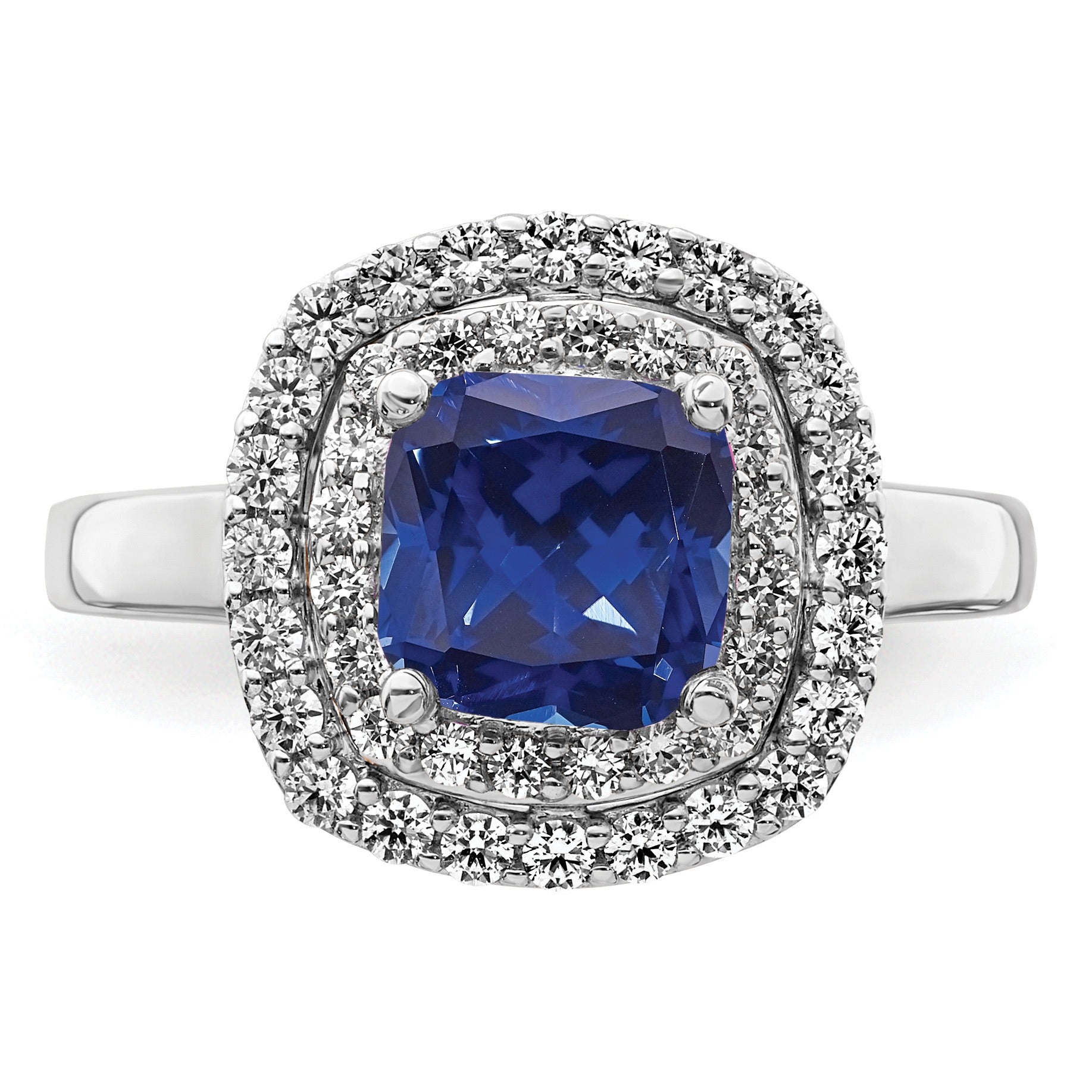2.31 Ct Cushion Blue Created Sapphire & Lab Diamond Prong 14K White Gold Double Halo Ring