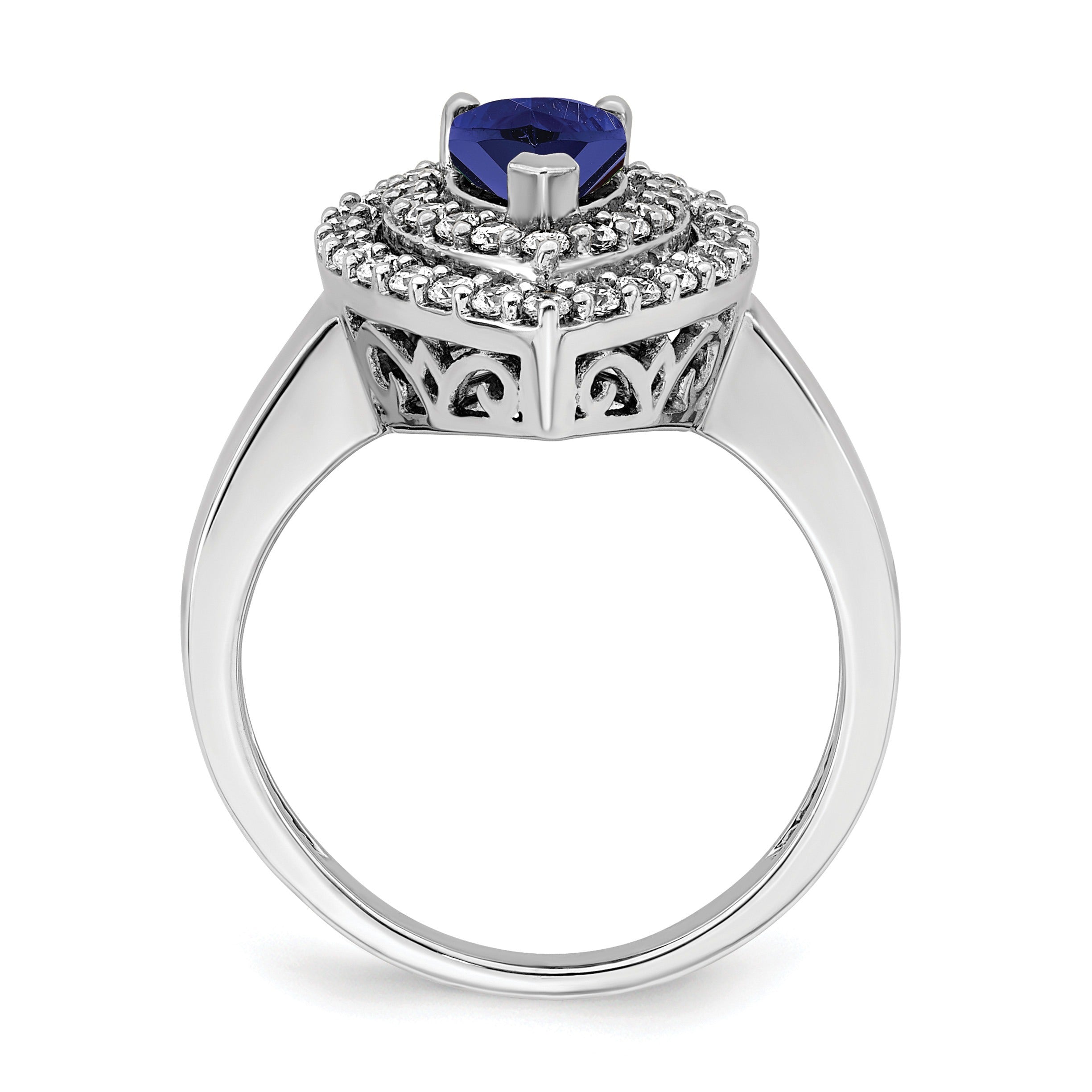 1.46 Ct Pear Blue Created Sapphire & Lab Diamond Prong 14K White Gold Double Halo Filigree Ring