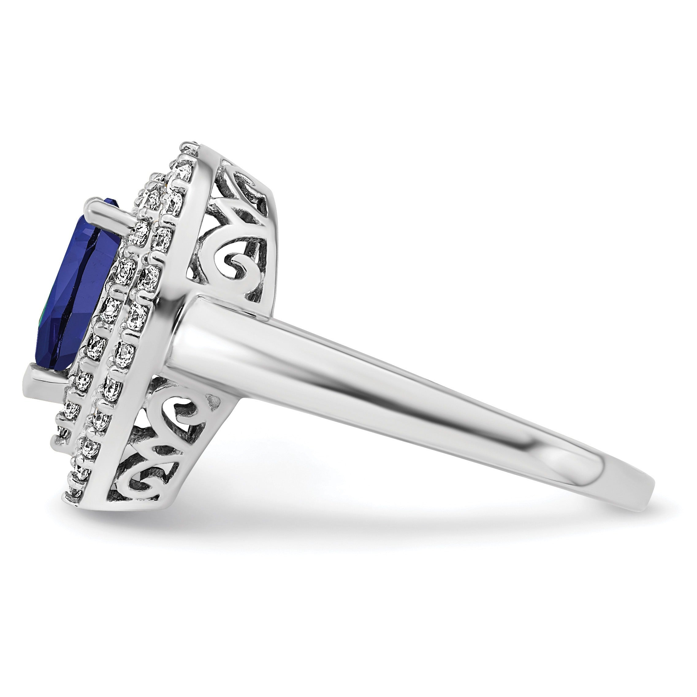 1.46 Ct Pear Blue Created Sapphire & Lab Diamond Prong 14K White Gold Double Halo Filigree Ring