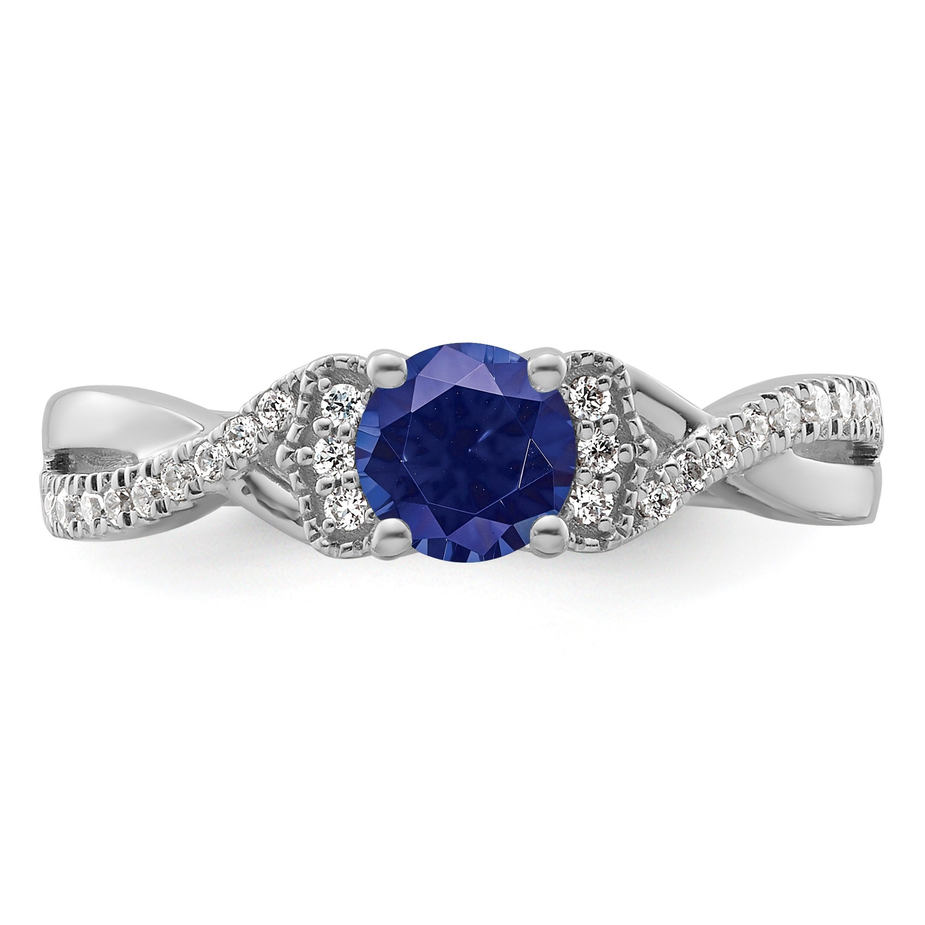 Round Blue Created Sapphire and Lab Diamond Prong 10K White Gold Infinity Twist Promise Pave Ring
