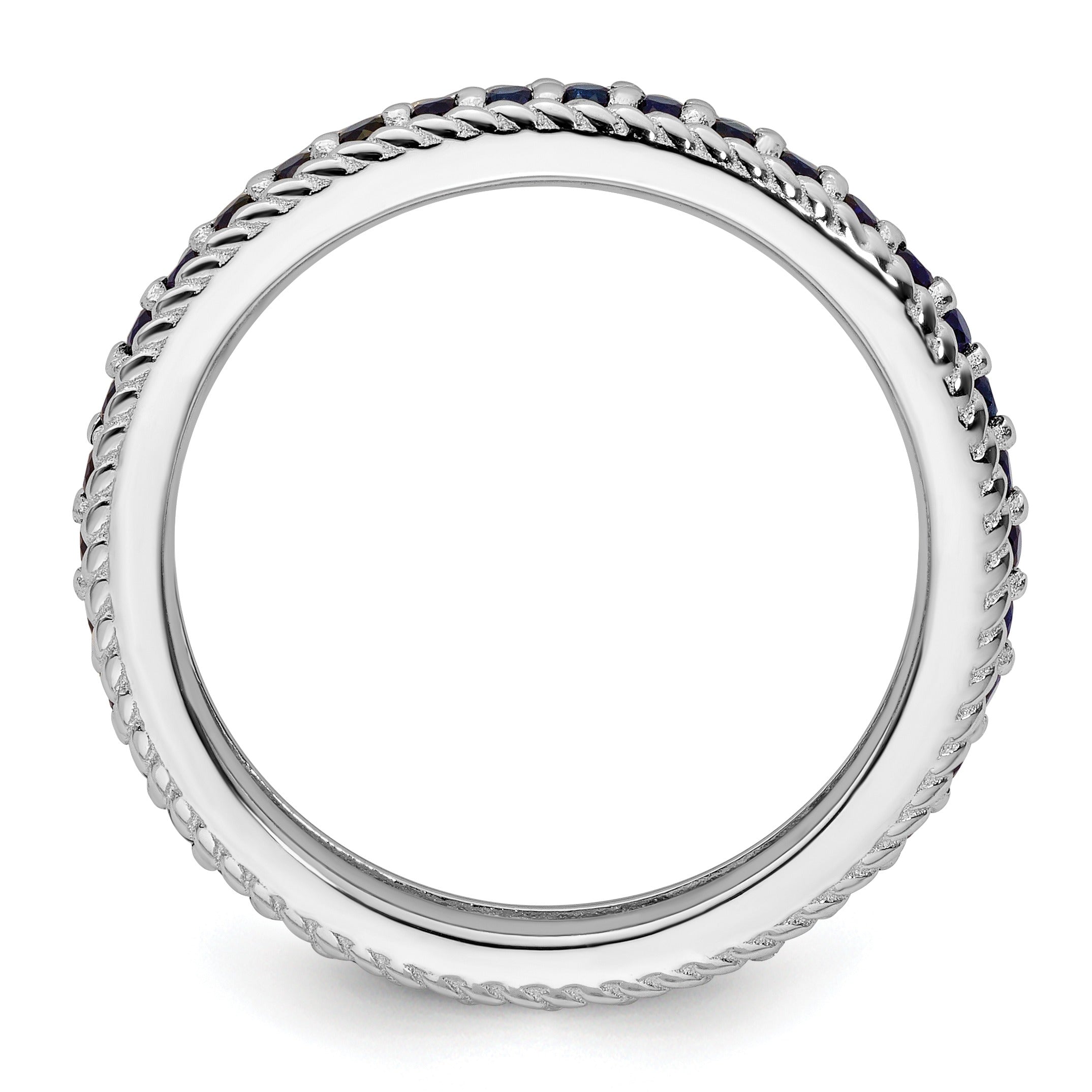 0.74 Ct Round Blue Created Sapphire Rhodium-Plated Silver Stackable Eternity Band Ring