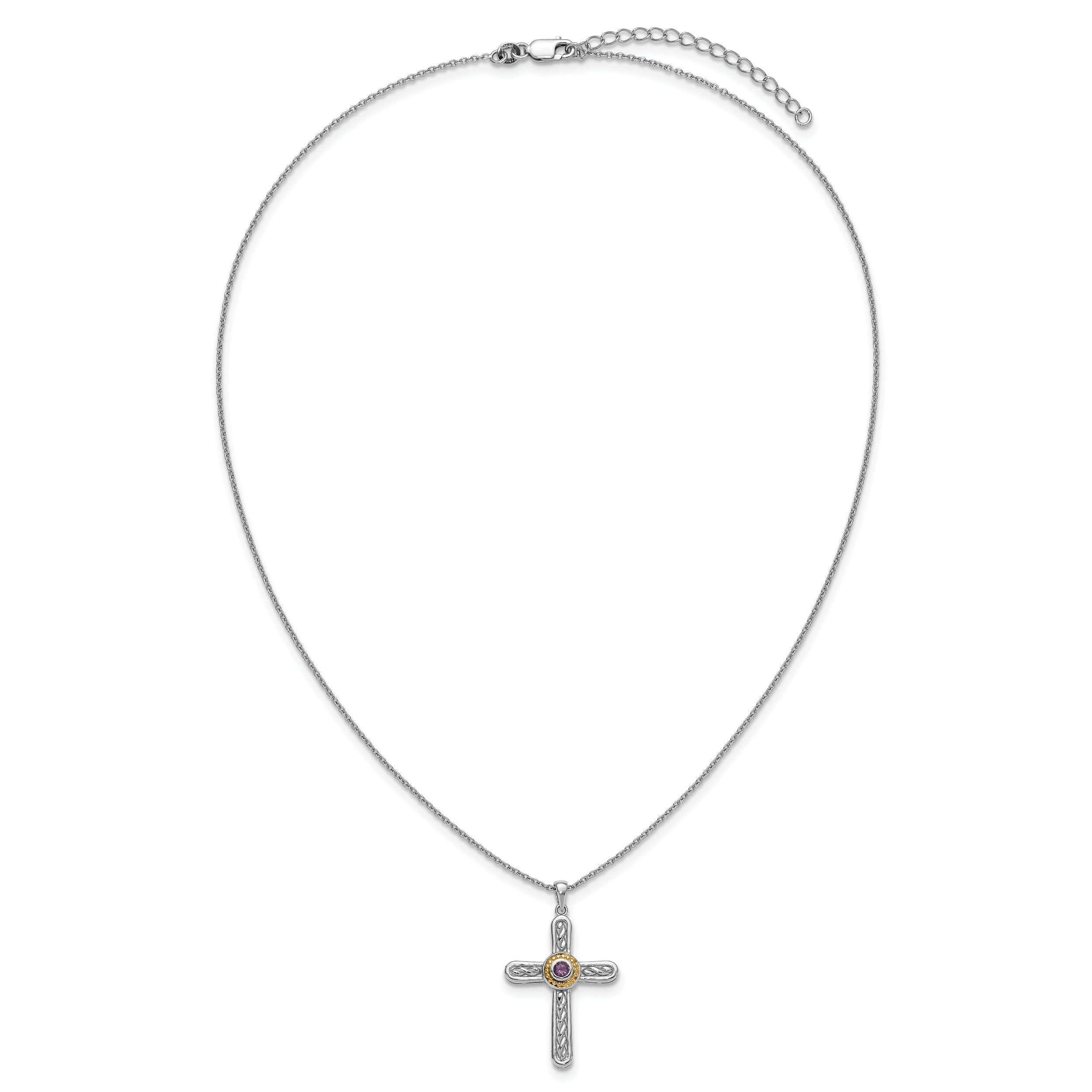 Elegant silver chain necklace with a detailed cross pendant featuring a central purple gemstone and gold accent