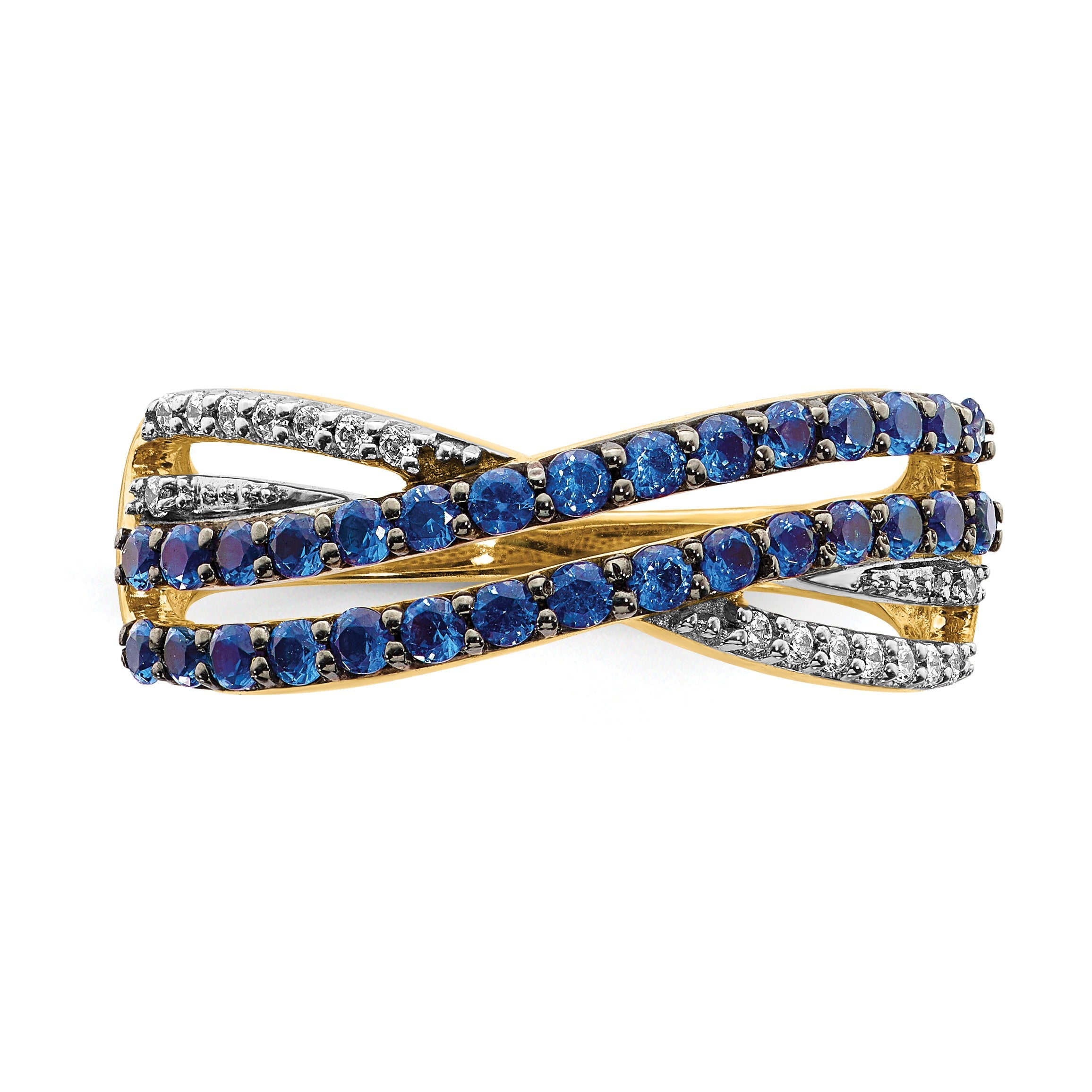 1.19 Ct Round Blue Sapphire & Diamond Pavé 14K Gold 4-Row Criss Cross Ring