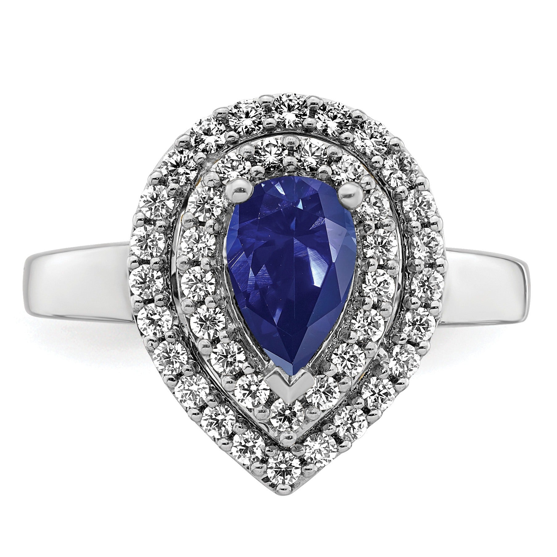 1.46 Ct Pear Blue Created Sapphire & Lab Diamond Prong 14K White Gold Double Halo Filigree Ring