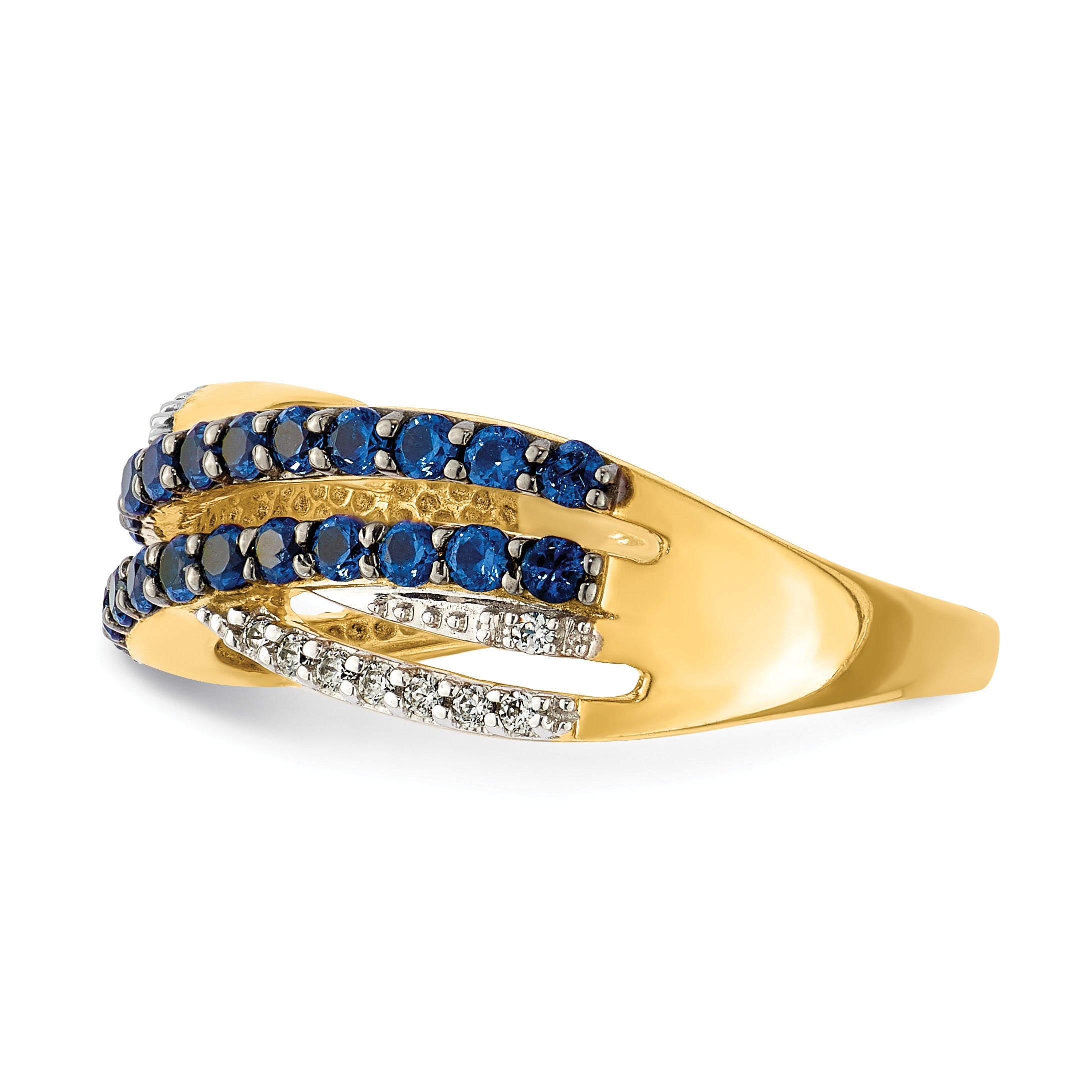 1.19 Ct Round Blue Sapphire & Diamond Pavé 14K Gold 4-Row Criss Cross Ring