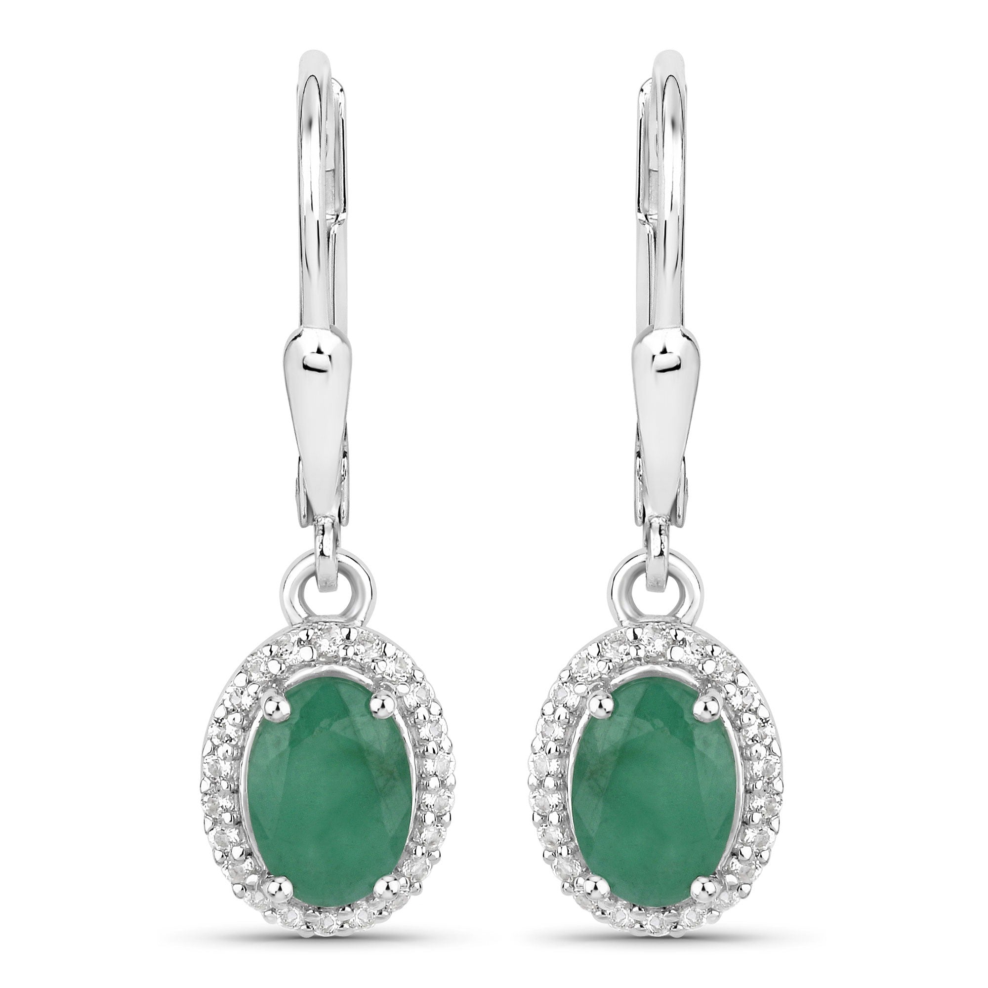 1.72 Ct Oval Green Emerald Prong 925 Silver Dangle Halo Lever Back Earrings