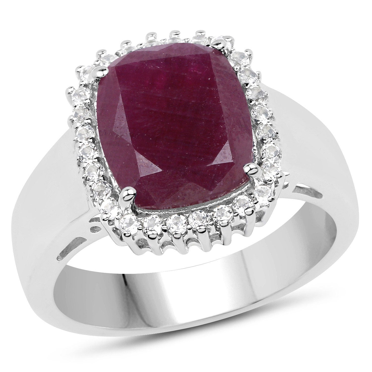 5.28 Ct Cushion Cut Pink Ruby and White Topaz Prong Silver Halo Ring