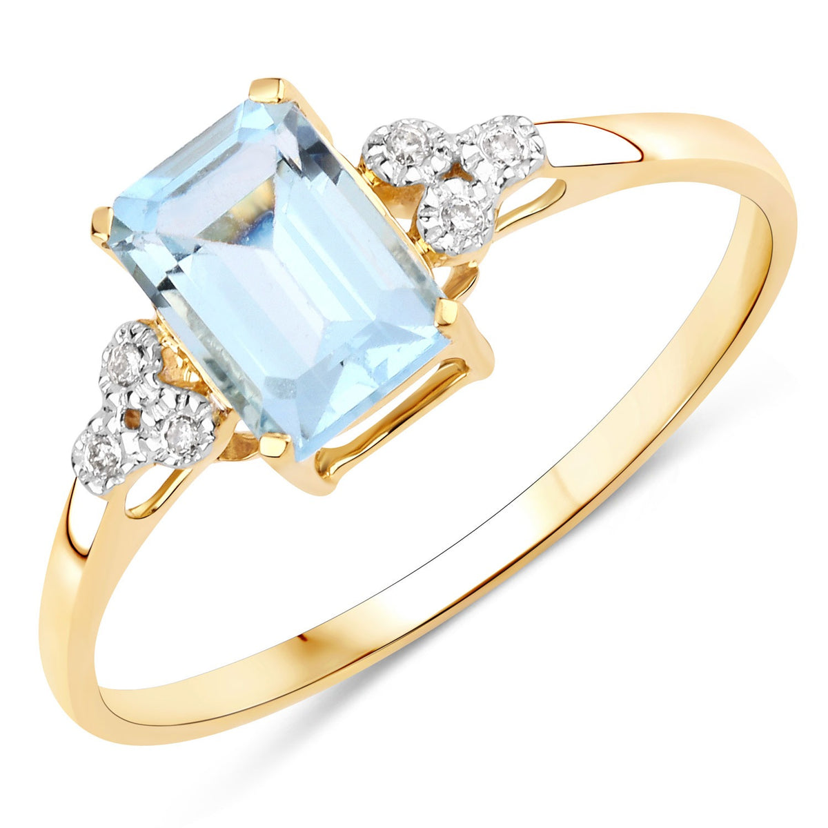 0.83 Cttw Octagon Blue Aquamarine Diamond 14K Yellow Gold Bridge Ring