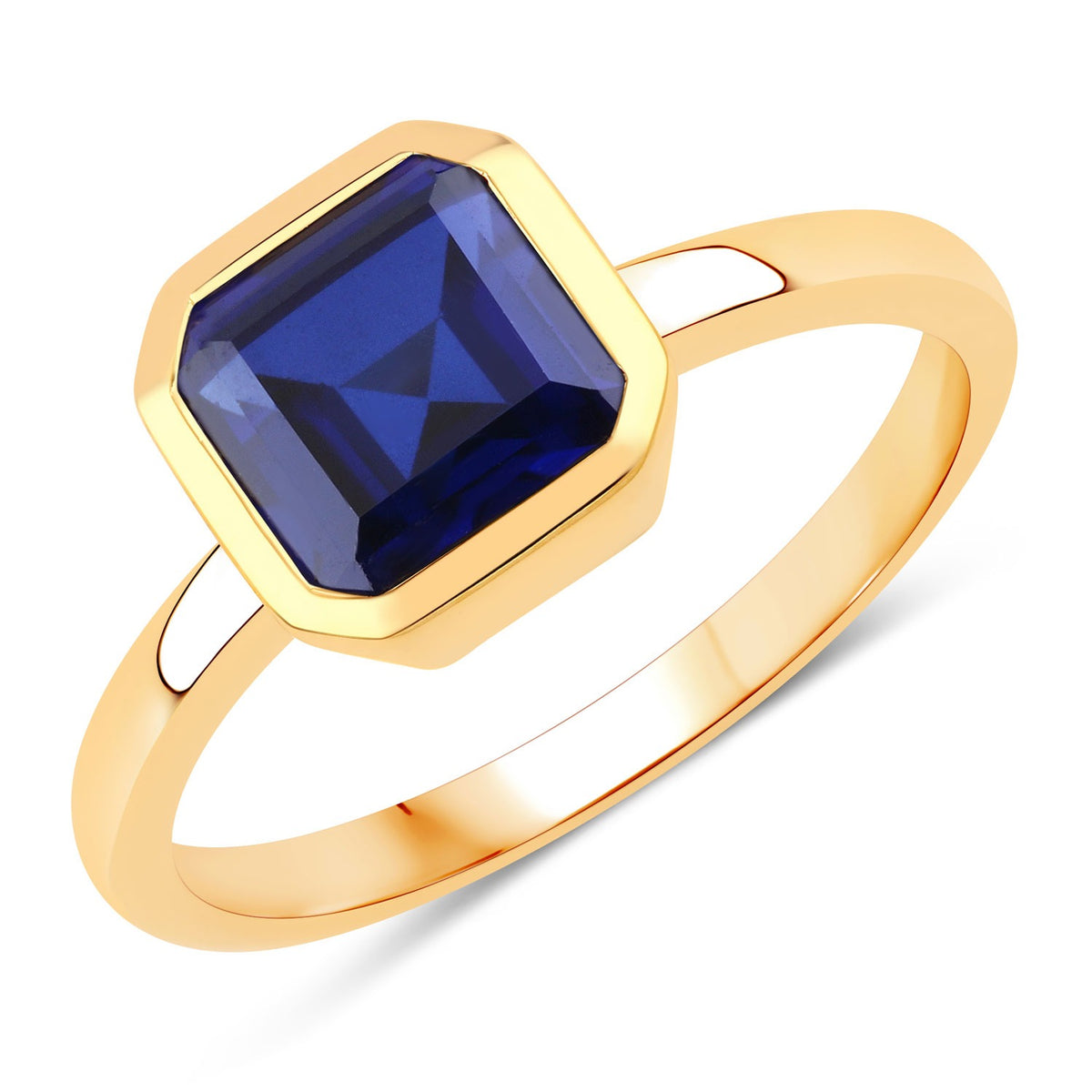 2.42 Cttw Octagon Blue Created Sapphire Bezel 18K Yellow Gold over Silver Solitaire Ring