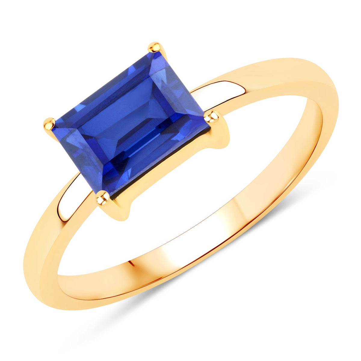 1.48 Cttw Baguette Created Blue Sapphire 18K Yellow Gold over Silver Solitaire Ring