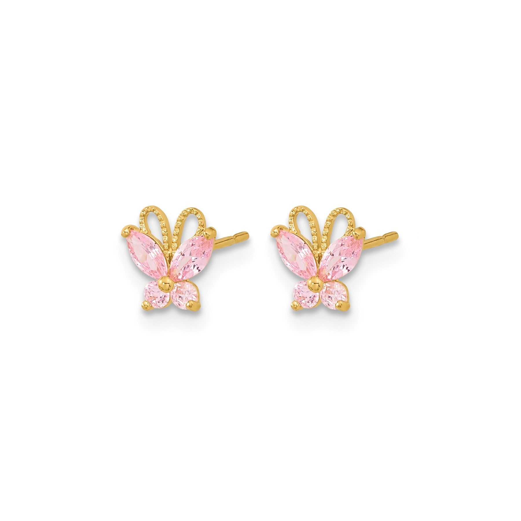 Pink CZ Prong 14K Yellow Gold Butterfly Post Button Earrings