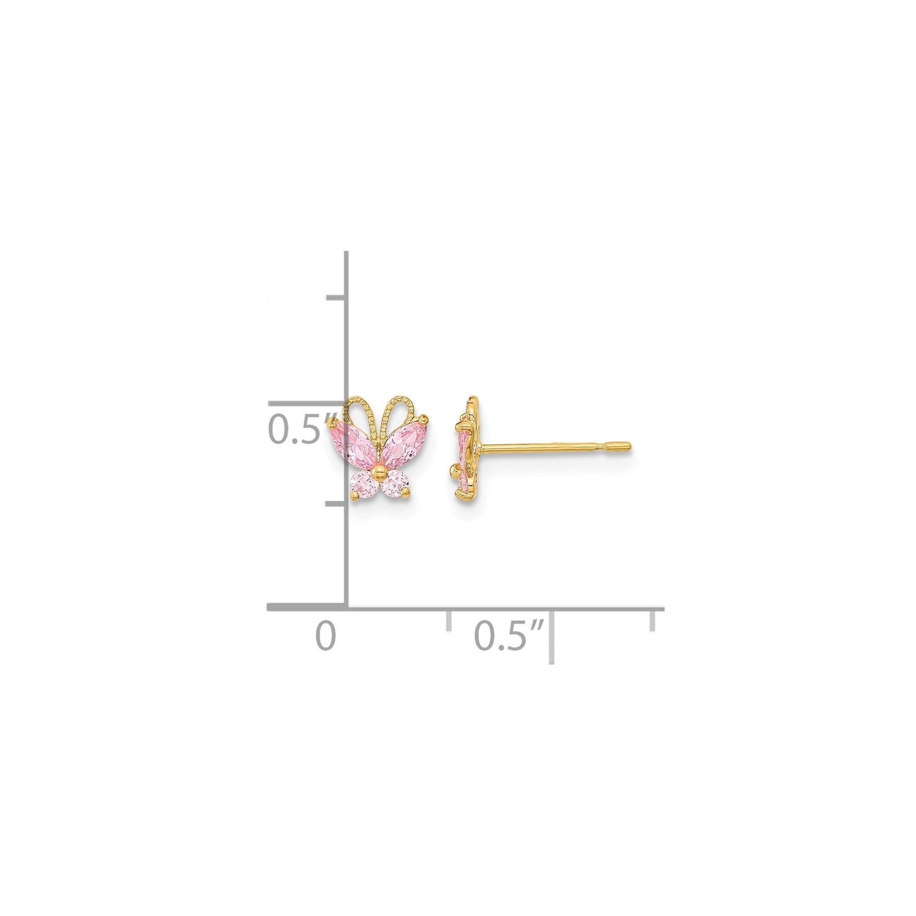 Pink CZ Prong 14K Yellow Gold Butterfly Post Button Earrings