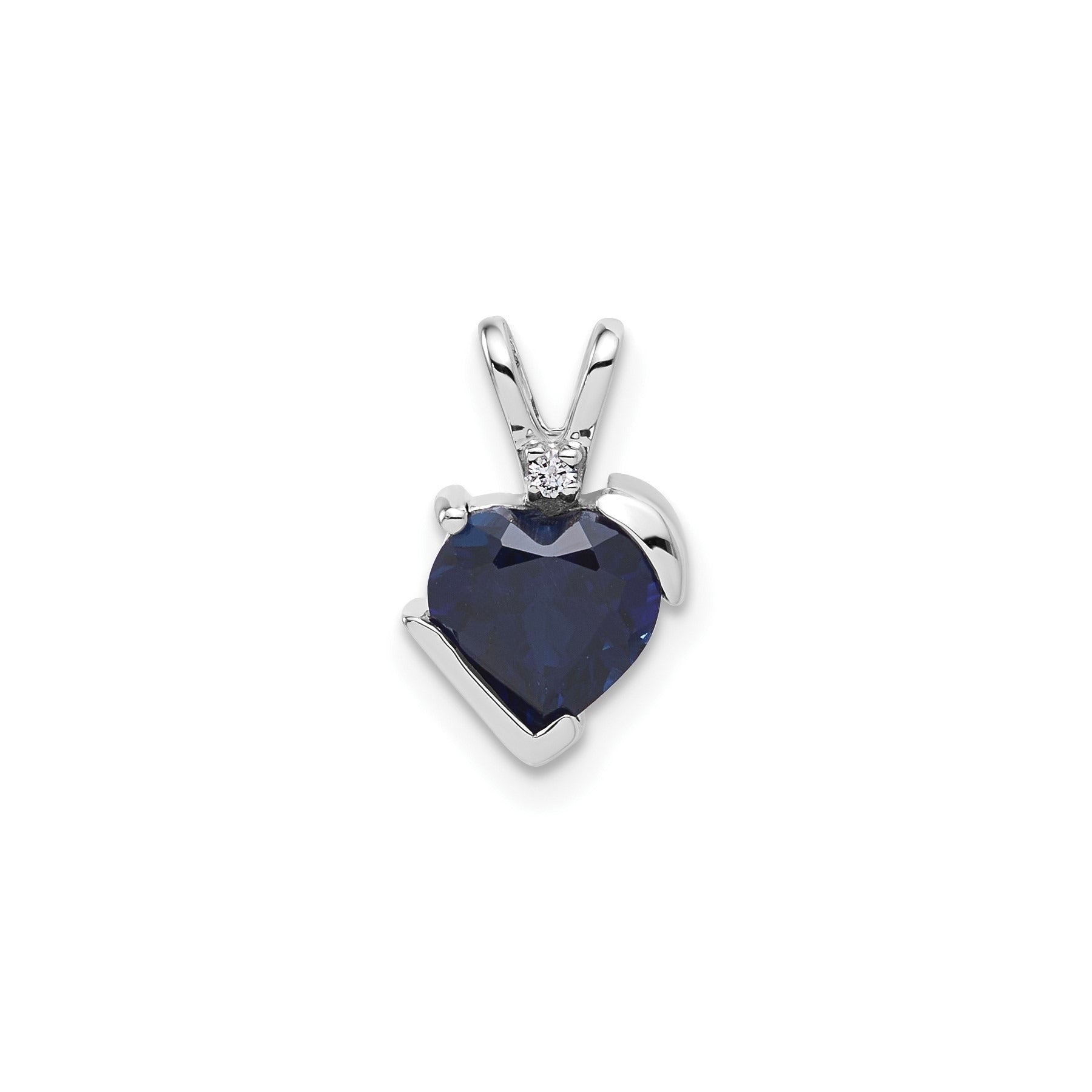 10k White Gold Created Sapphire and Diamond Heart Pendant