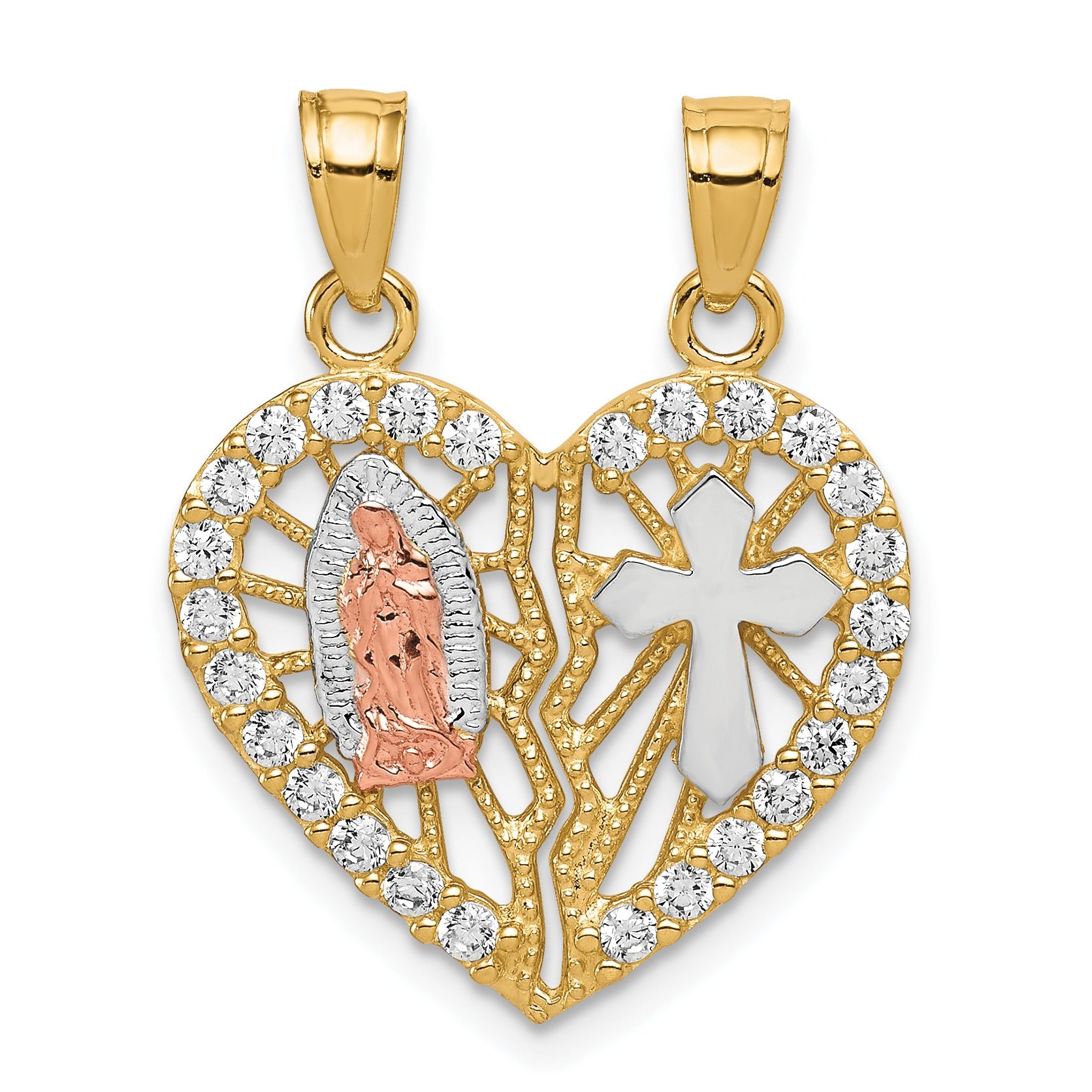 10k Two-tone CZ Break-apart Cross Heart Pendant