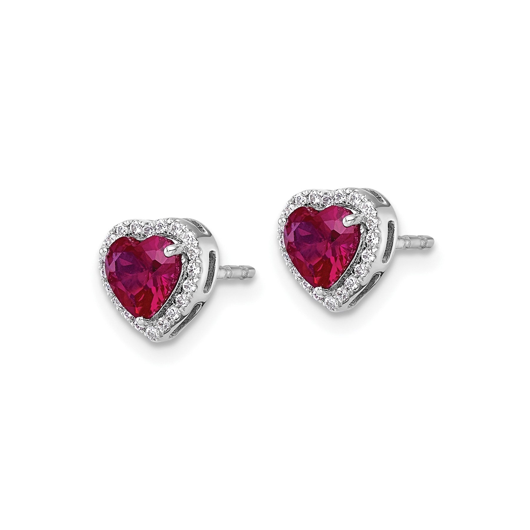 14k White Gold Lab Grown Diamond and Ruby Heart Stud Earrings 0.12 Ct