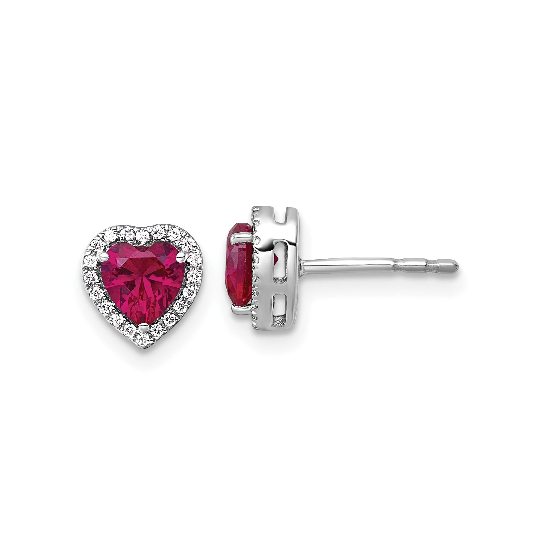 14k White Gold Lab Grown Diamond and Ruby Heart Stud Earrings 0.12 Ct