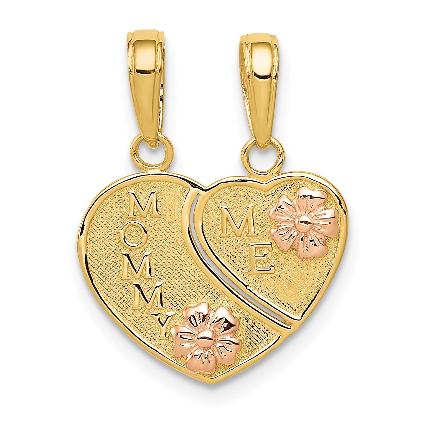Gold split heart pendant with embossed 'Mommy' and 'Me', floral accents, Fine Color Jewels jewelry
