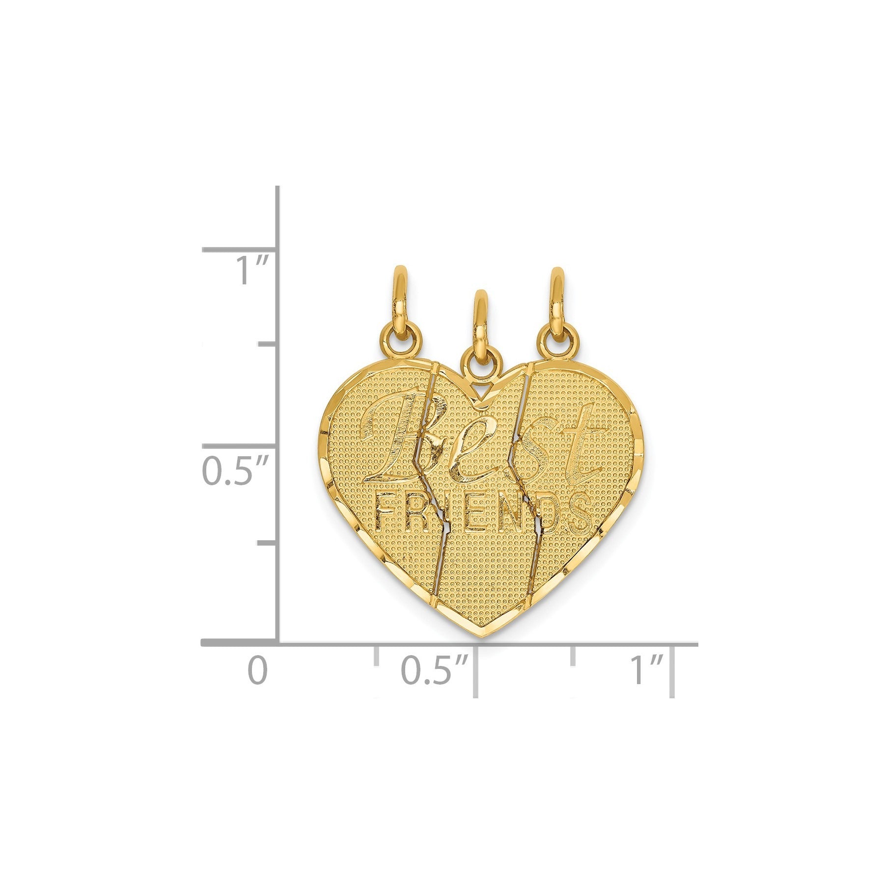 Gold heart best friends pendant with three sections, shown on jewelry size chart background
