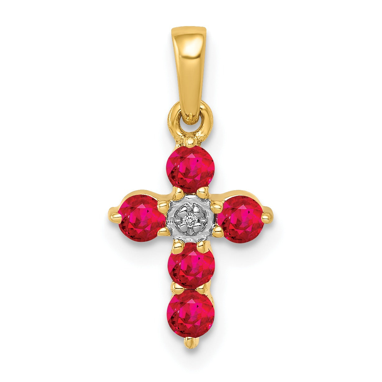 14k Gold Natural  Ruby and Diamond Cross Pendant
