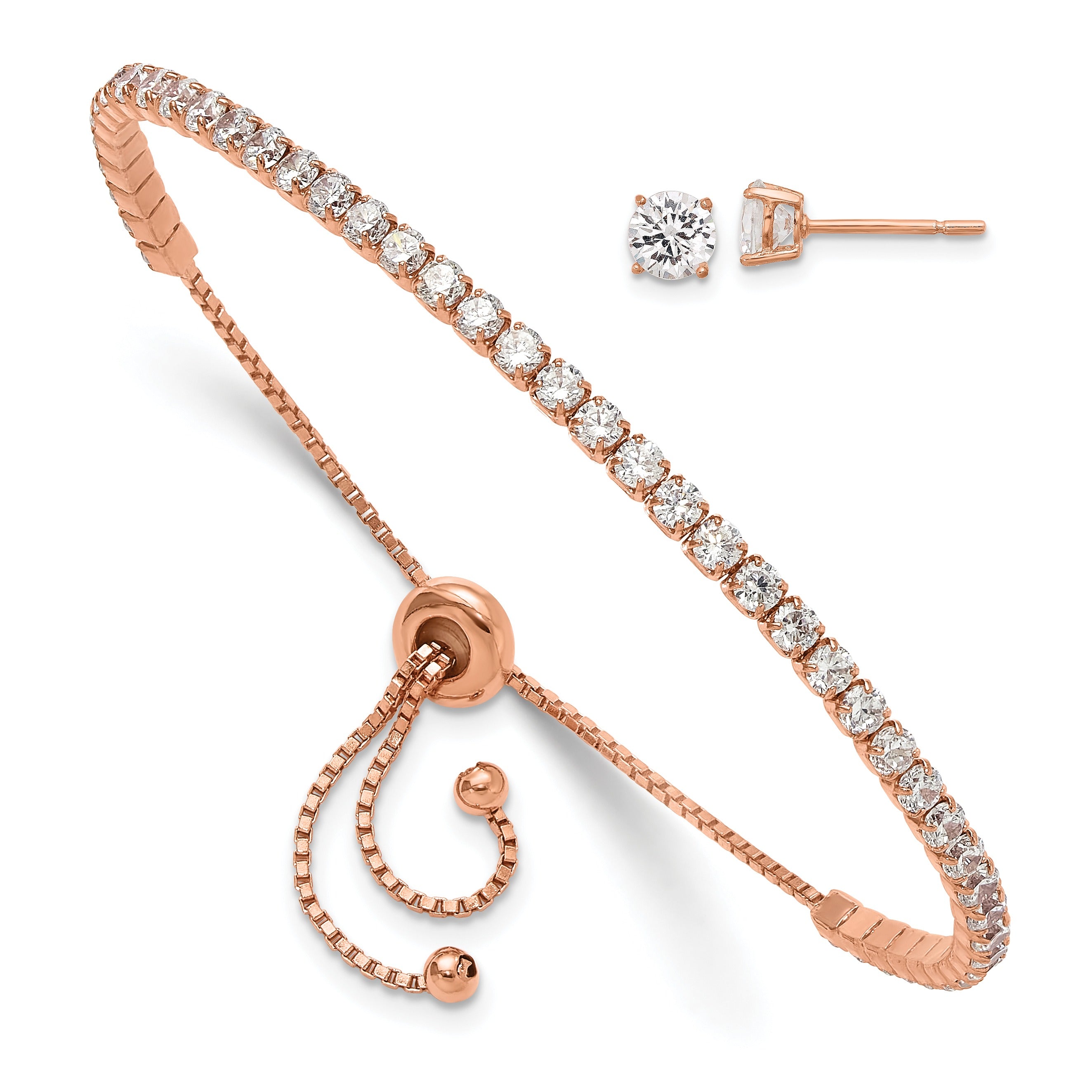 Round CZ Silver Adjustable Tennis Bolo Bracelet and Stud Earring Set
