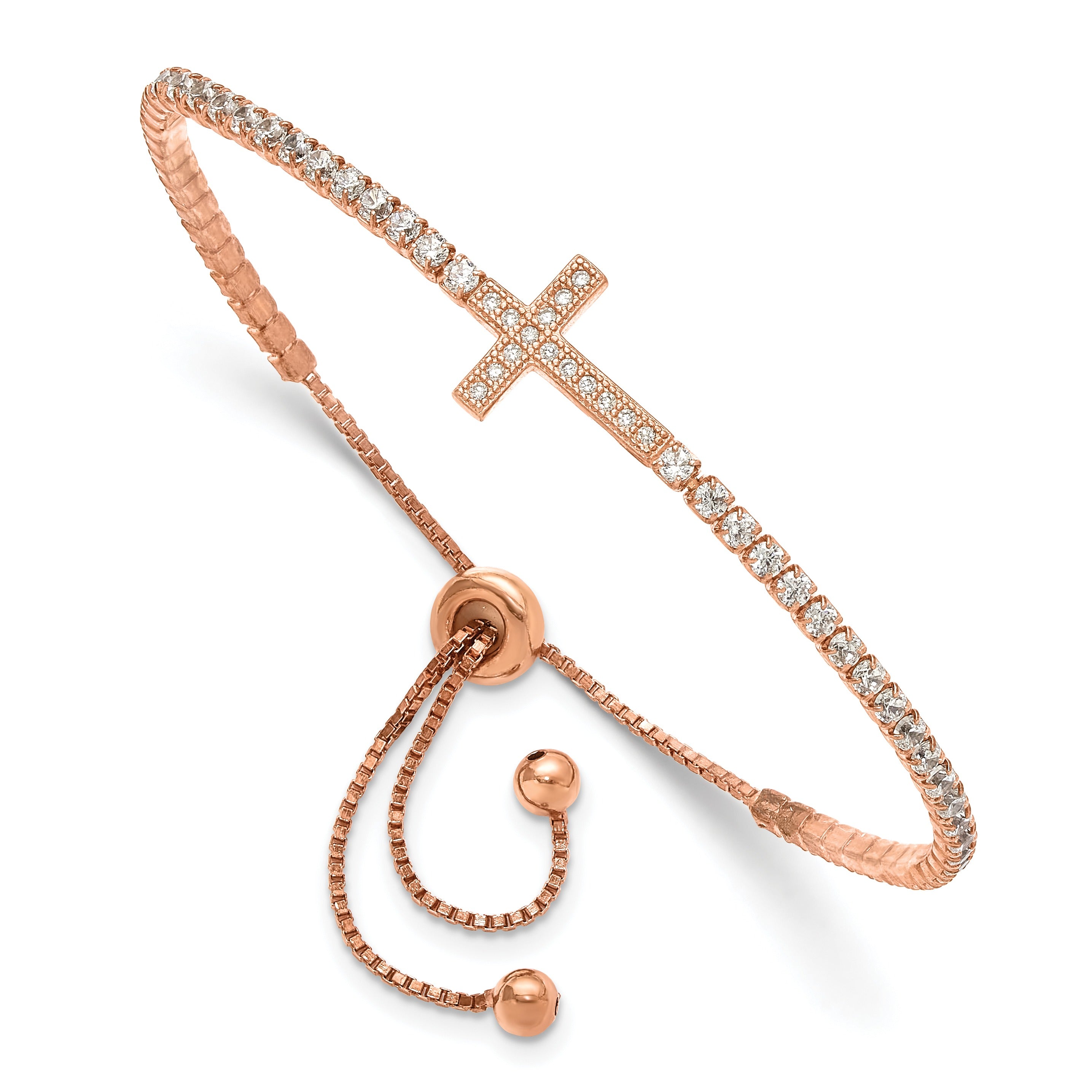 CZ Silver Rose-tone Sideways Cross Adjustable Bracelet