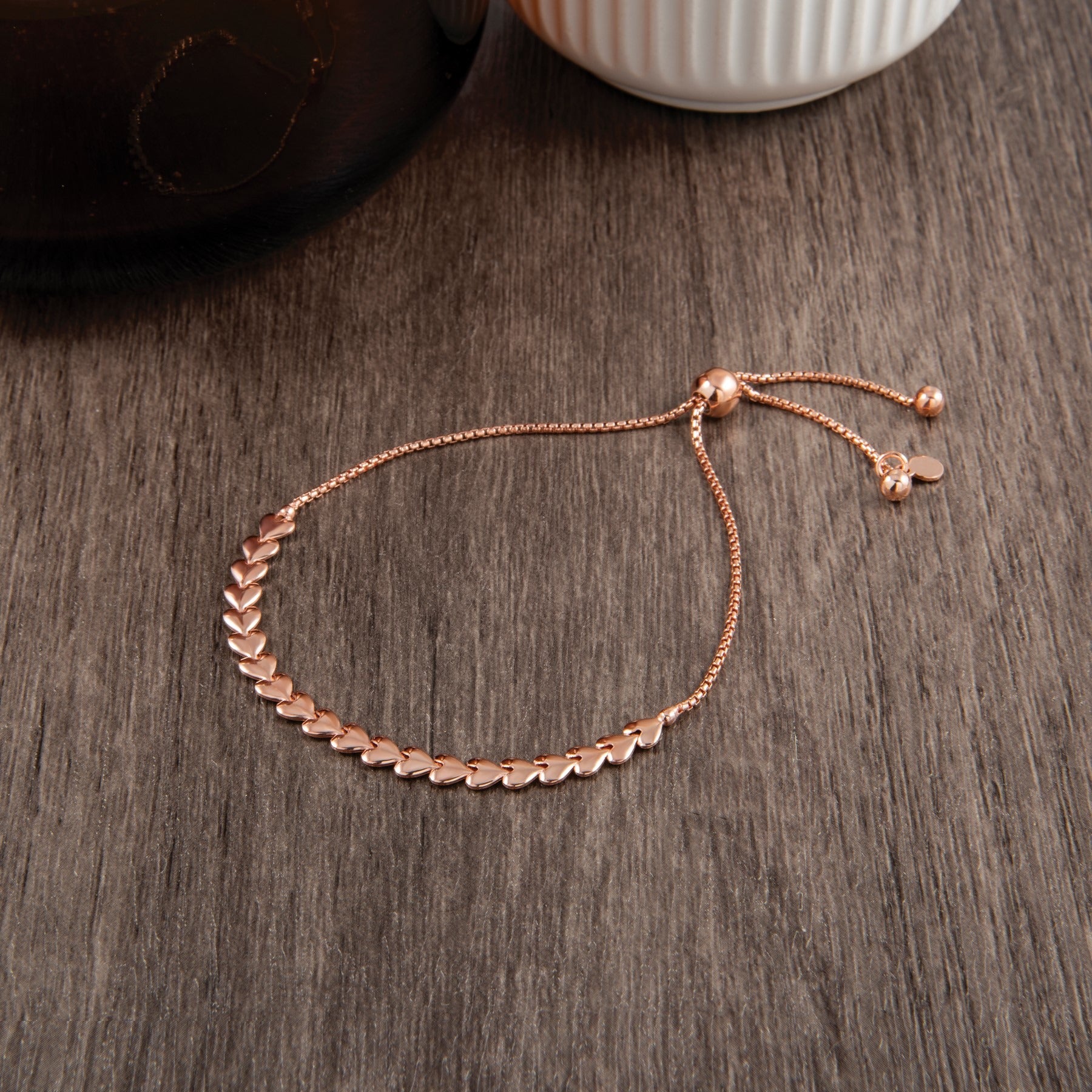 Silver Rose-tone Heart Bolo Adjustable Bracelet