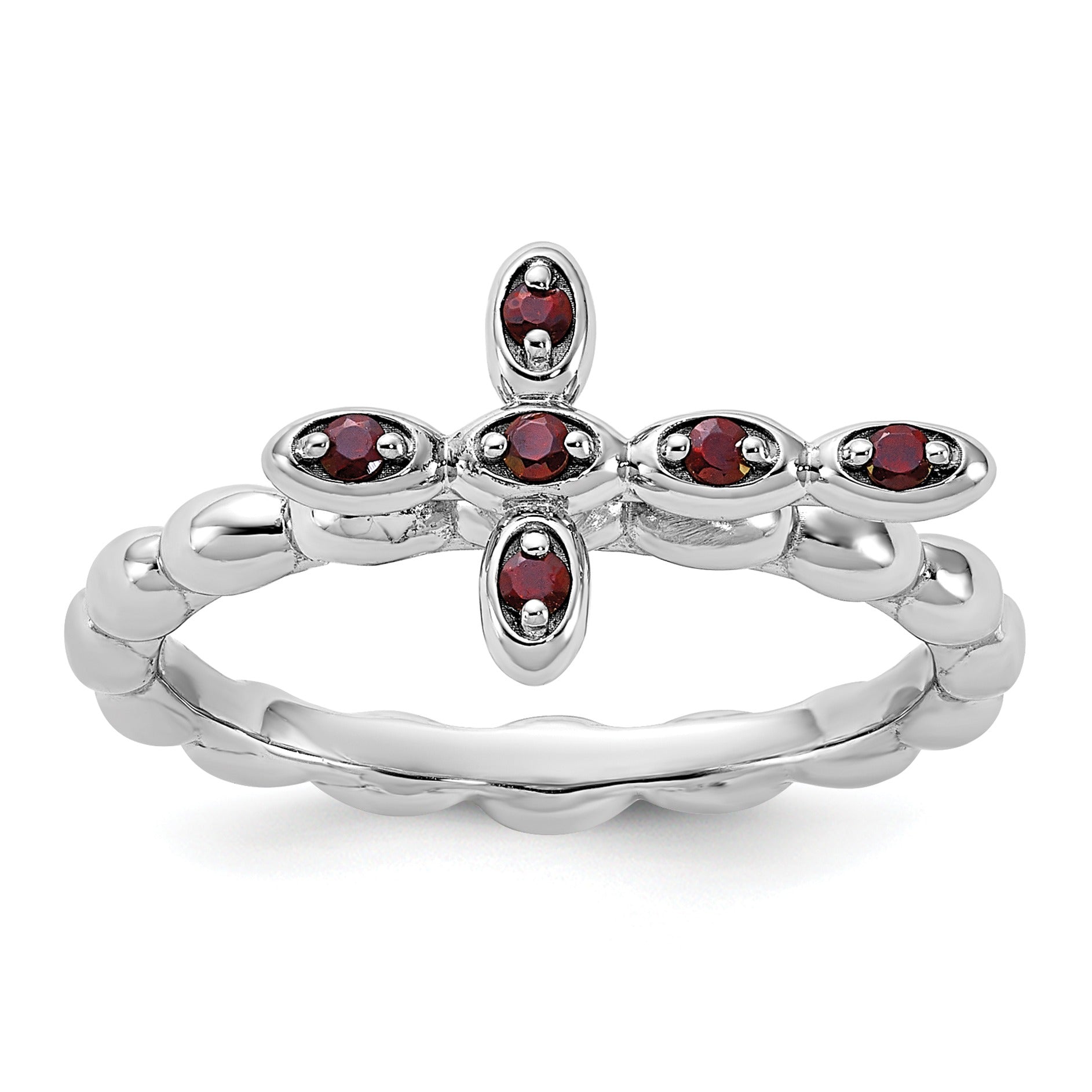 Silver Stackable Natural Garnet Cross Ring