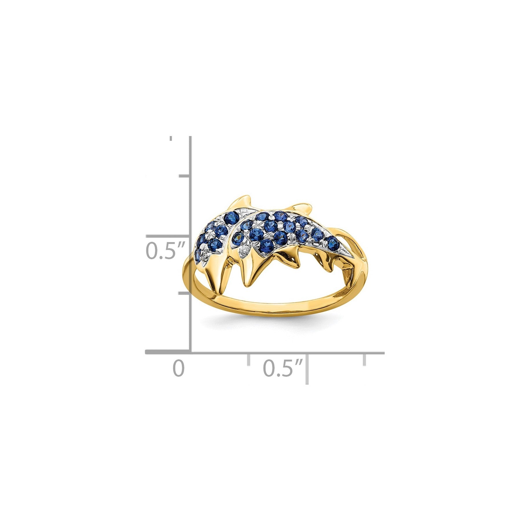 0.57 Ct Blue Sapphire and Diamond Prong 14k Yellow Gold Two Dolphins Ring