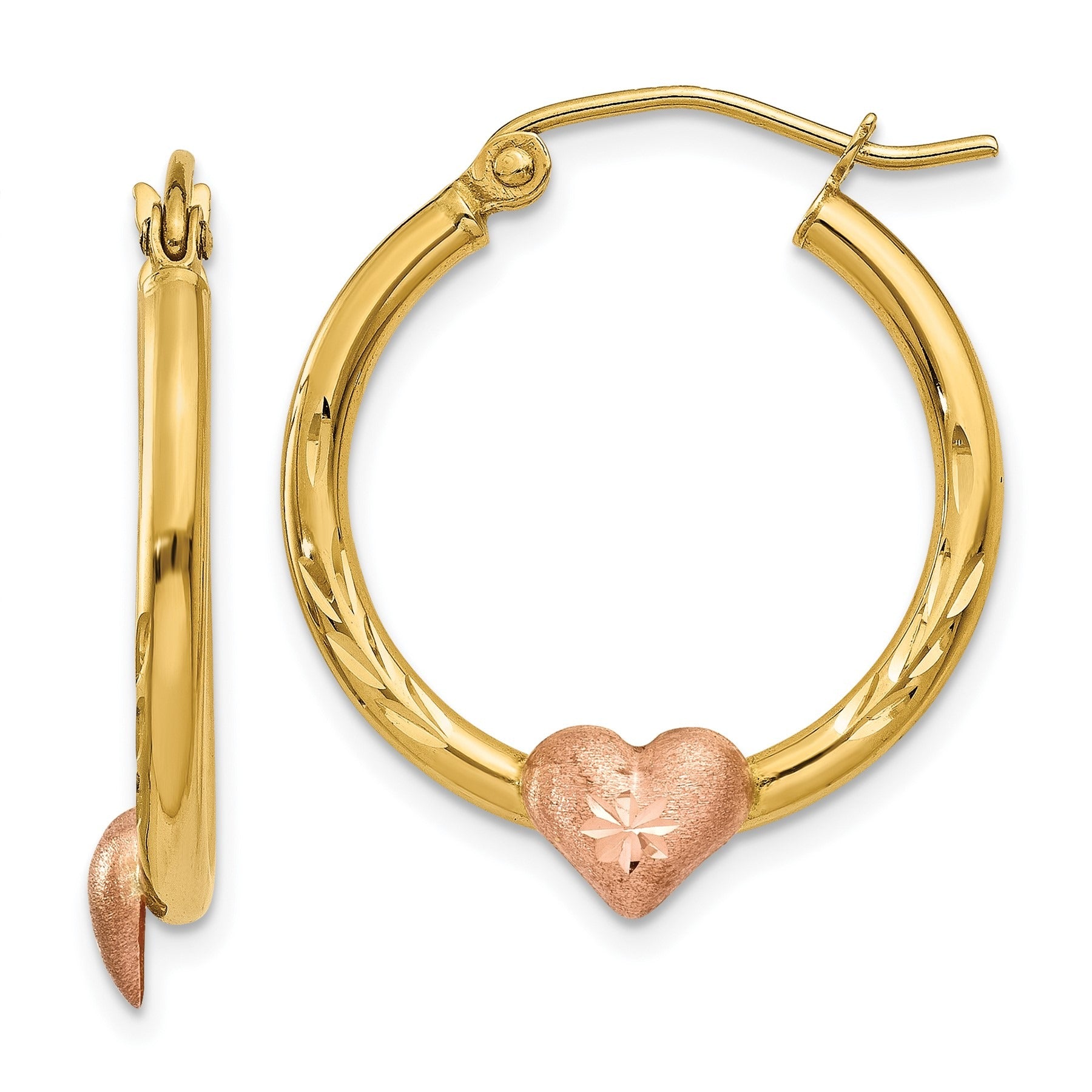 14K Gold and Rose Heart Hoop Earrings