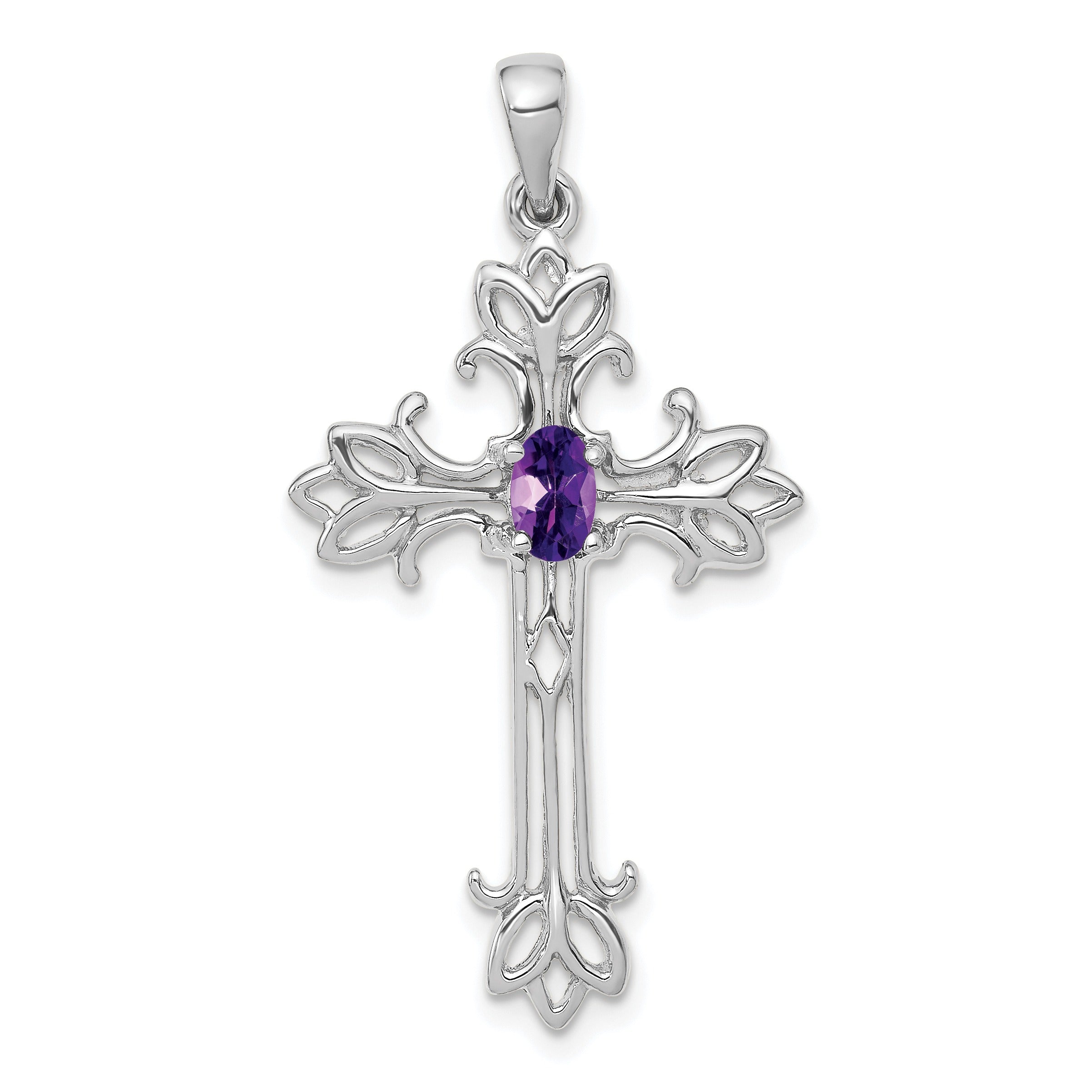 14k White Gold Natural Pear Amethyst Diamond Cross Pendant