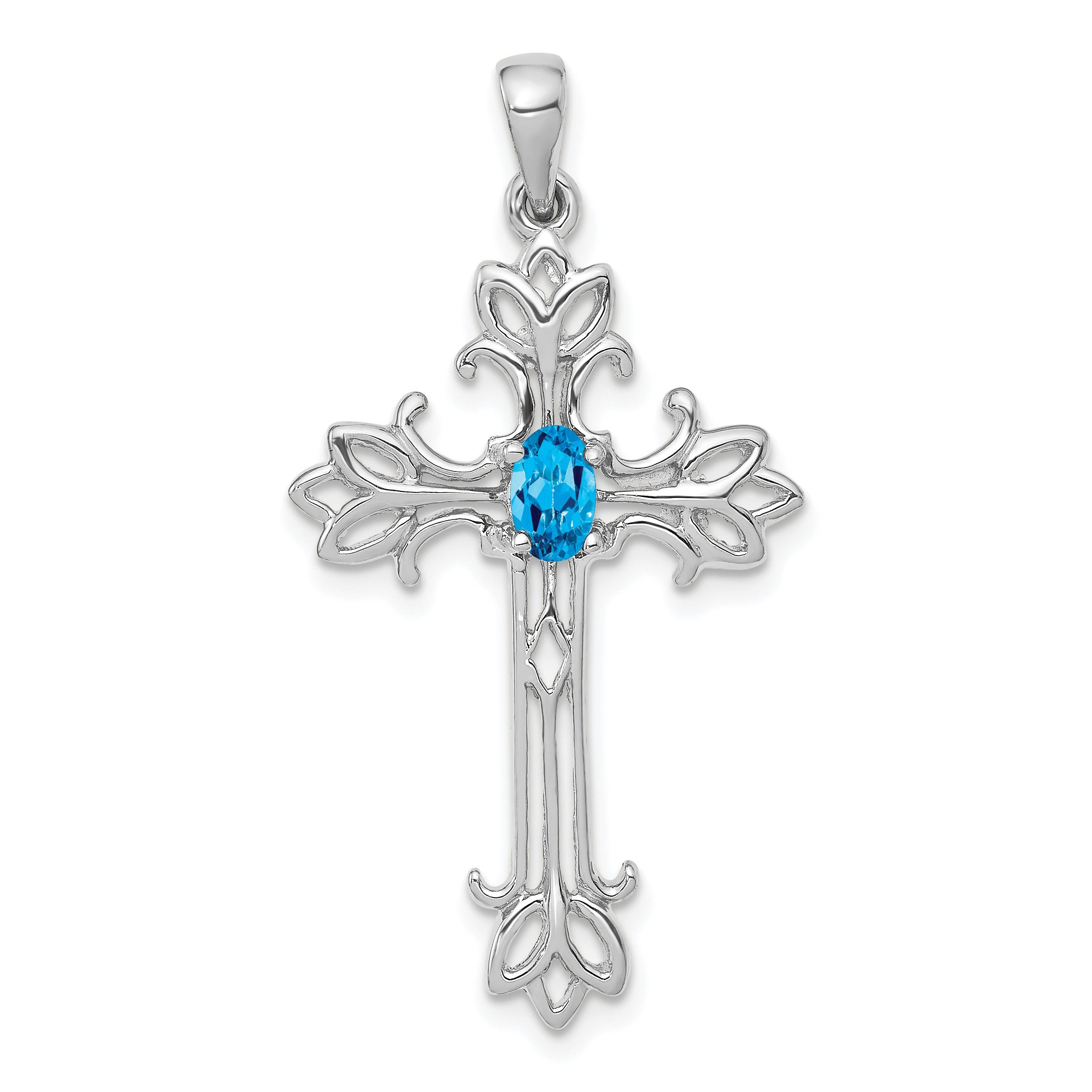 14k White Gold Natural Swiss Blue Topaz Diamond Cross Pendant