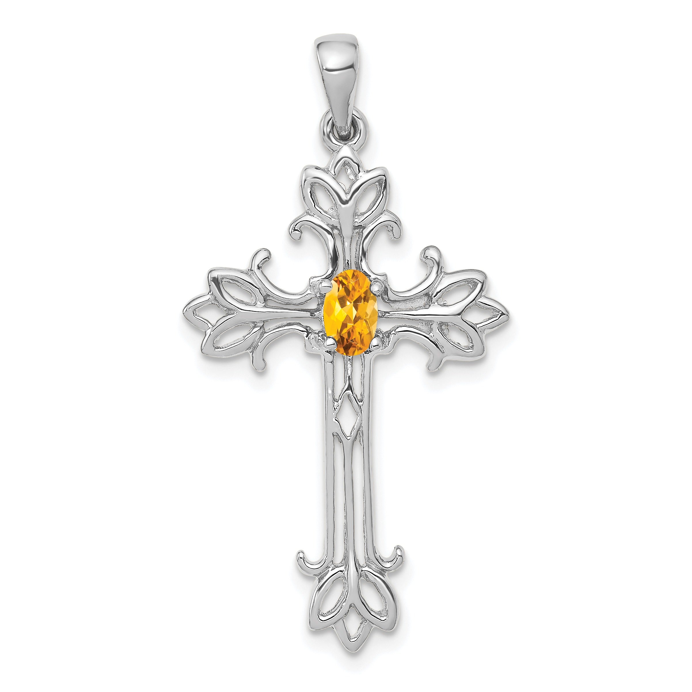 14k White Gold Natural Pear Yellow Citrine Diamond Cross Pendant