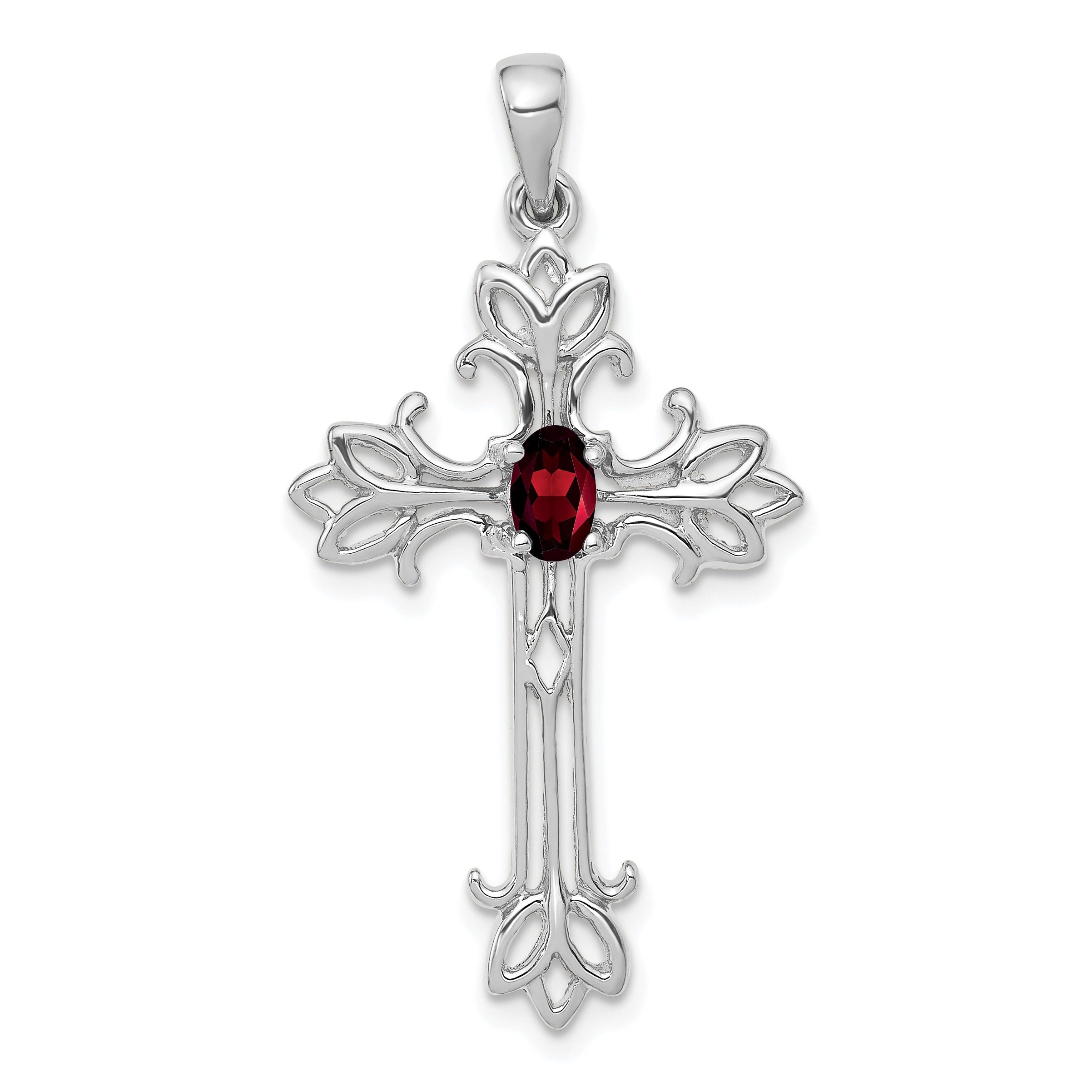 14k White Gold Natural Pear Garnet Diamond Cross Pendant