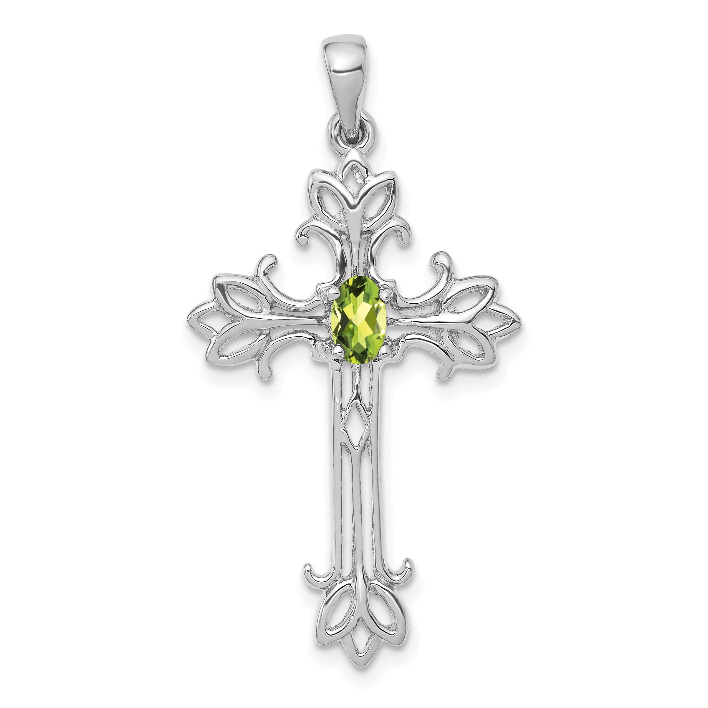 14k White Gold Natural Green Peridot Diamond Cross Pendant