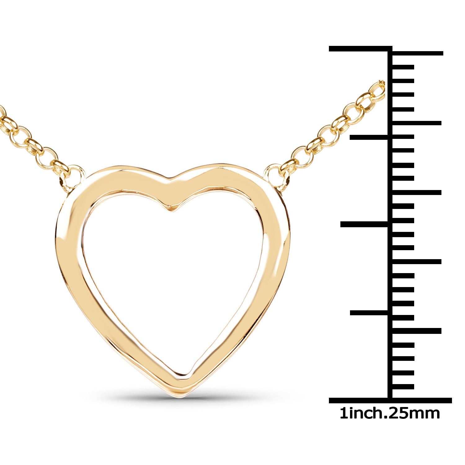 Gold heart pendant necklace with chain, shown with size scale, Fine Color Jewels USA